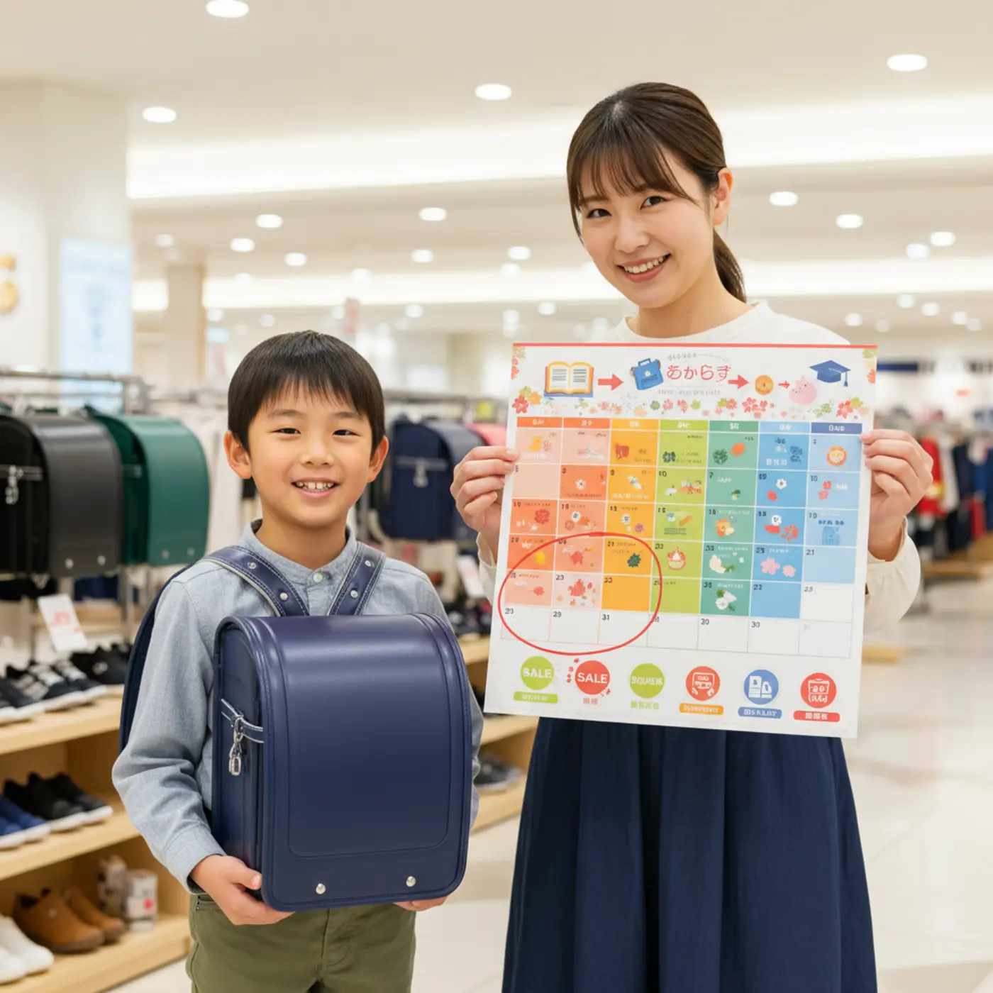 2026年度入学用のランドセル。アウトレットや型落ち品をお得に購入するための攻略カレンダーのイメージ画像。最適な購入時期やセール情報を逃さないための戦略を紹介。