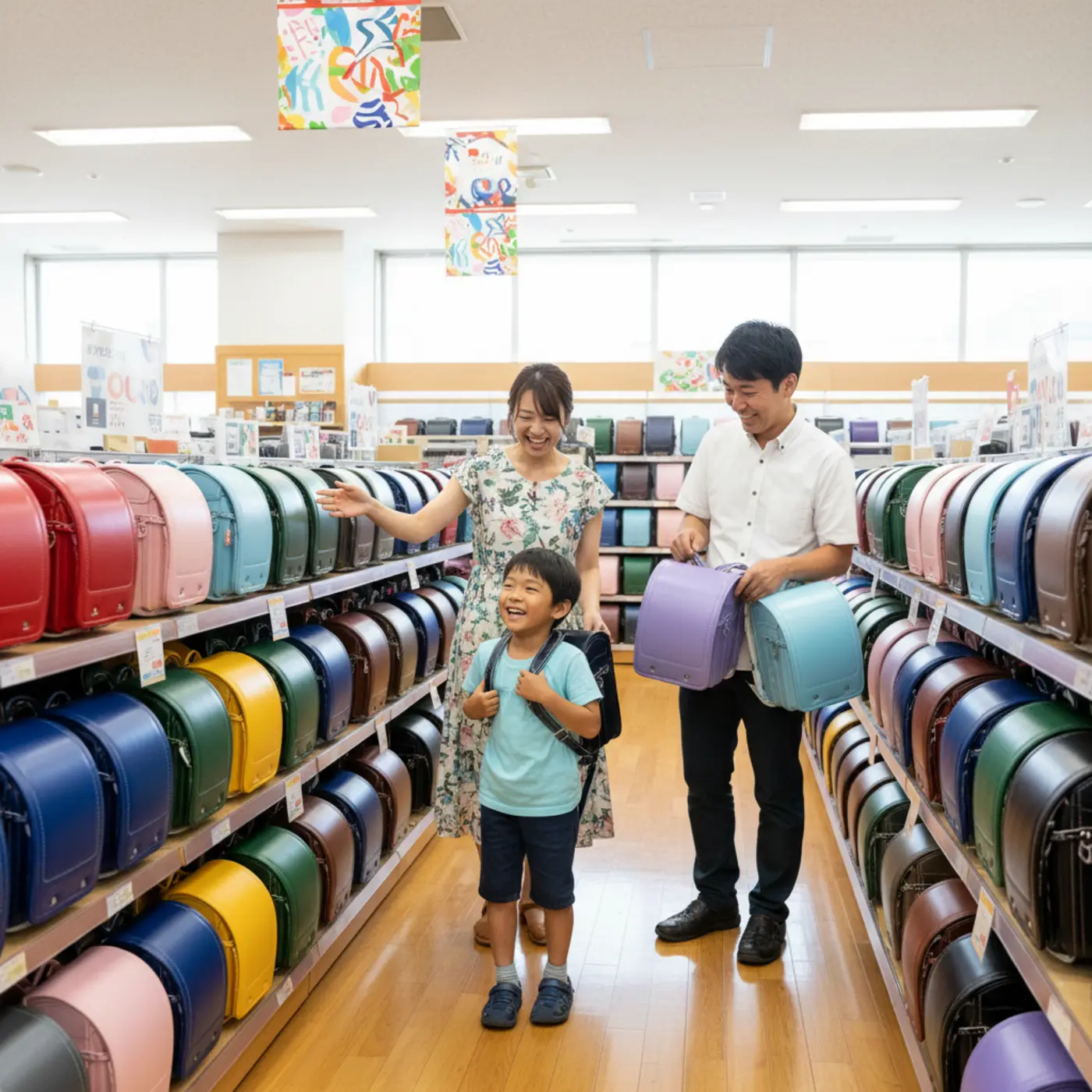年長の子供が両親と一緒に、たくさん並んだカラフルなランドセルを笑顔で選んでいる様子。ランドセルの購入は選択肢が豊富な4月～8月が最適です。