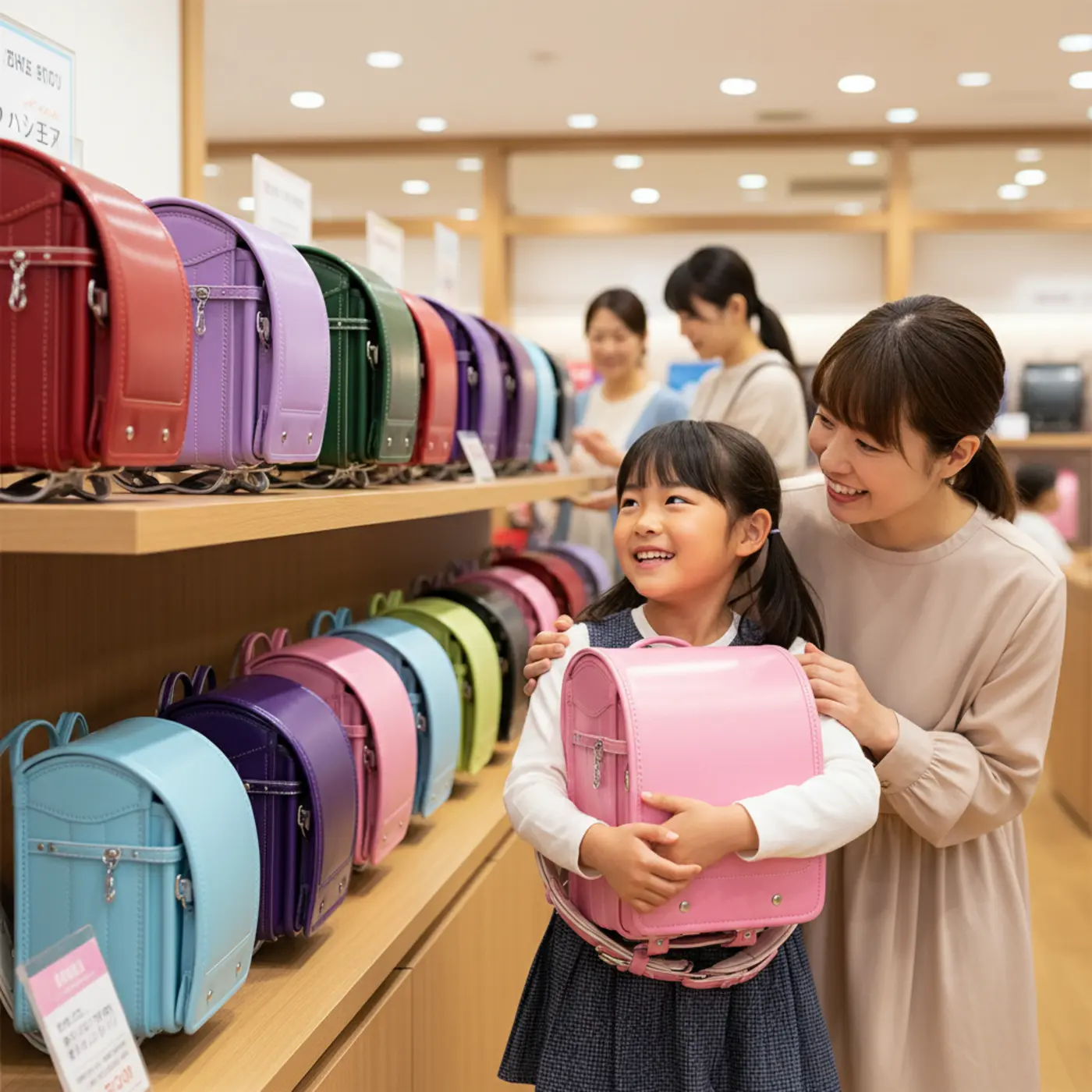 女の子が母親と一緒に笑顔でランドセルを選んでいる様子。後悔しないランドセルの購入時期や選び方のポイントを解説します。