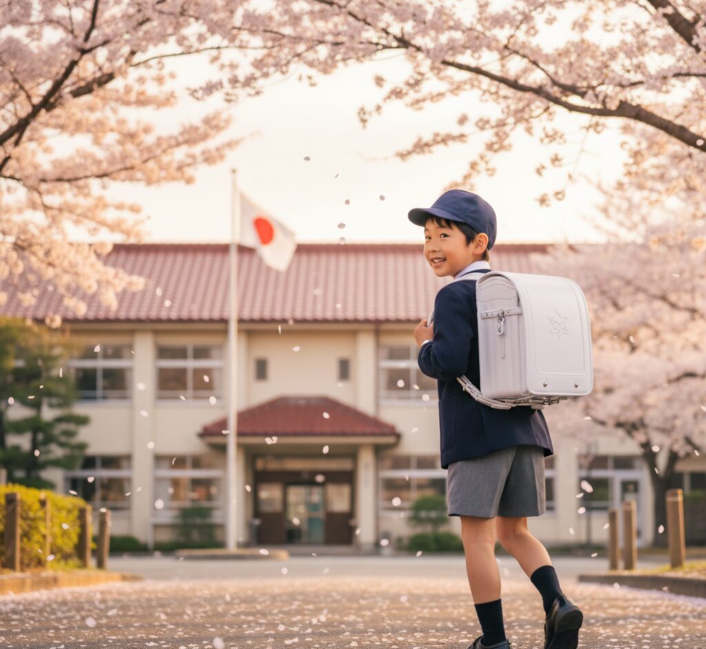 日本の小学校の校庭で、満開の桜の下を白いランドセルを背負った男の子が笑顔で歩いている。後ろを振り返る姿が愛らしい。