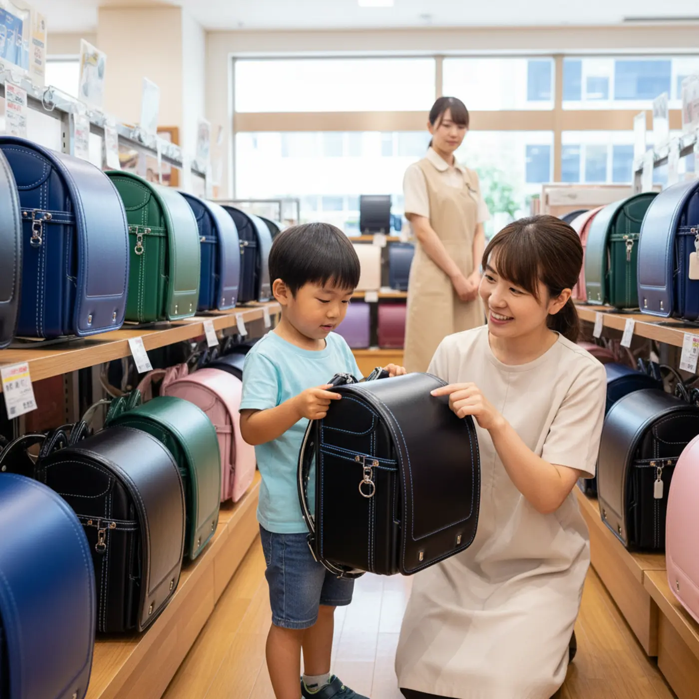 男の子用のランドセル選びの様子。黒い本体に青いステッチが入るなど、最近はデザインが豊富です。こだわりを持つお子様の場合は、人気の特定モデルが完売する前に早めに希望を聞くことが重要です。