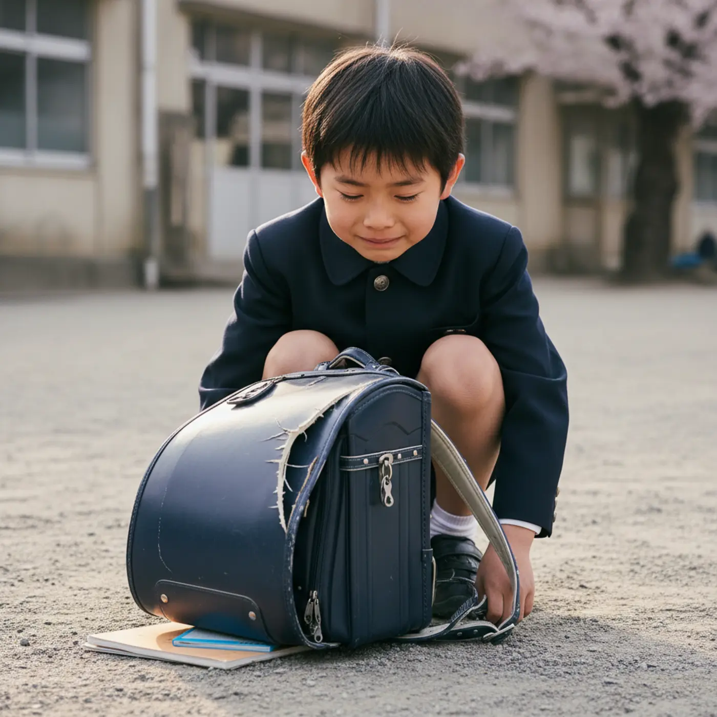 安いランドセルを購入して後悔する失敗パターンを解説する画像。壊れたランドセルを前に、悲しそうな表情を浮かべる小学生の男の子。
