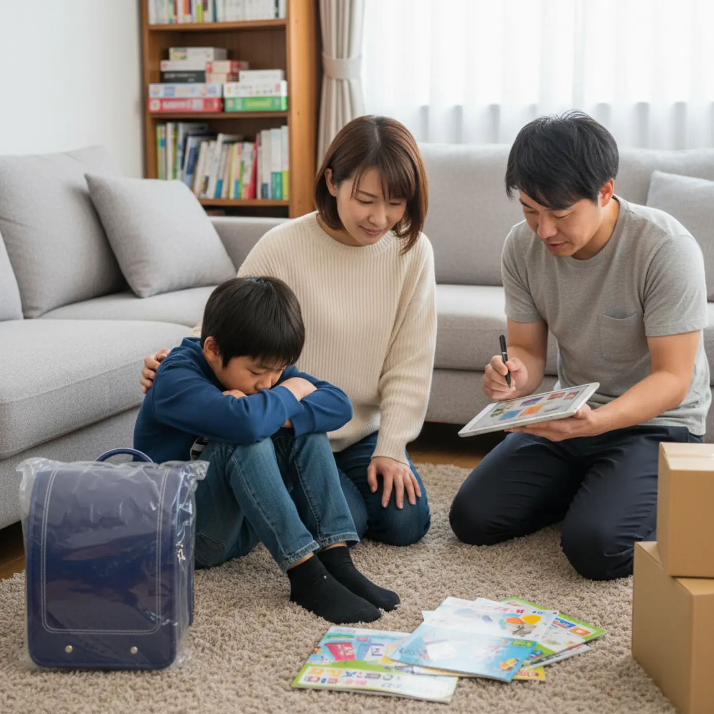 購入後に「やっぱり気に入らない」と落ち込む子供と、その子の心のケアをする親。親子で一緒にリカバリー方法を考えている様子。