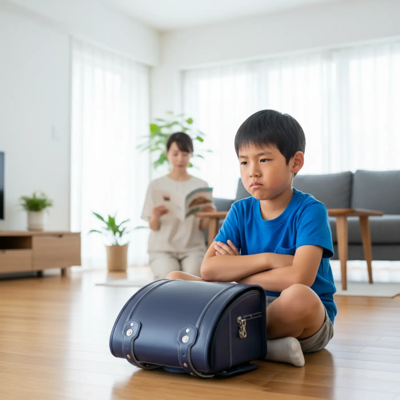 購入したランドセルを前に少し不満そうな表情を浮かべる子供。ランドセルの早期購入で起こりがちな「子供の心変わり」というリスクを乗り越えるためのプロの知恵を解説します。