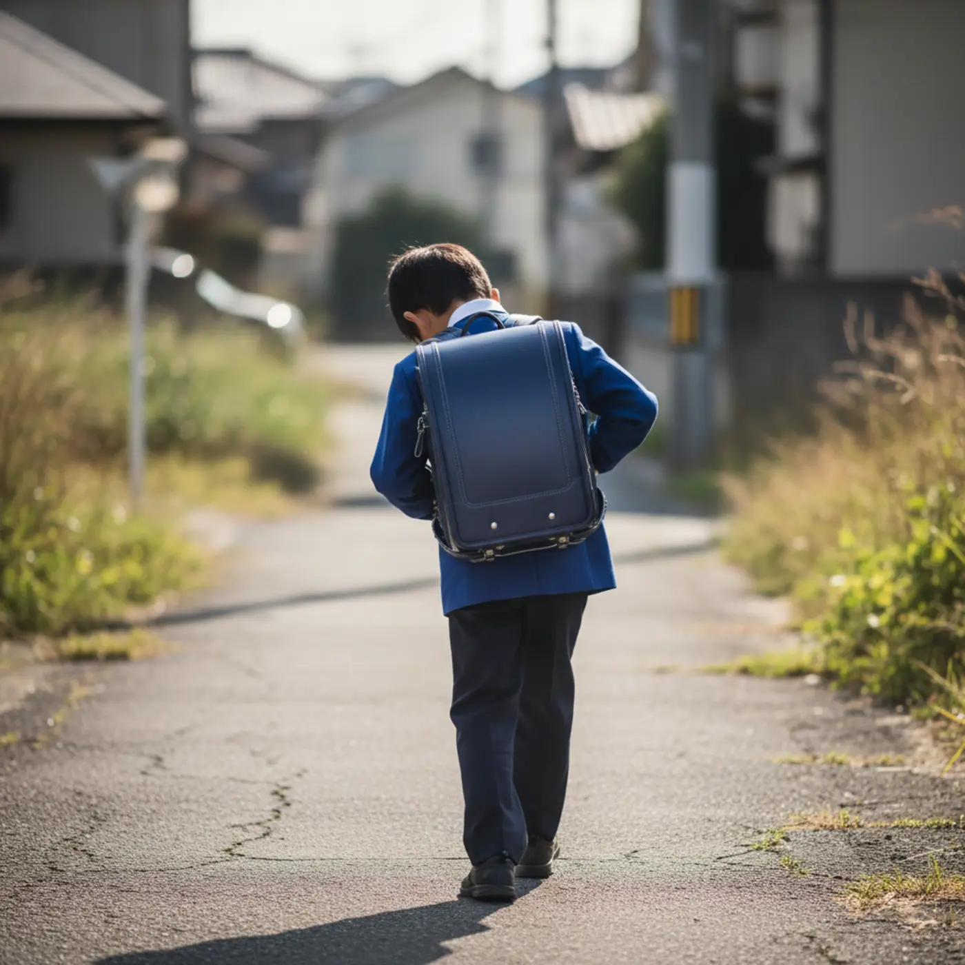 教科書やタブレットで重くなったランドセルを背負い、背中を丸めて歩く小学生の後ろ姿。「ランドセル症候群」による子供の身体への負担が懸念される一枚。