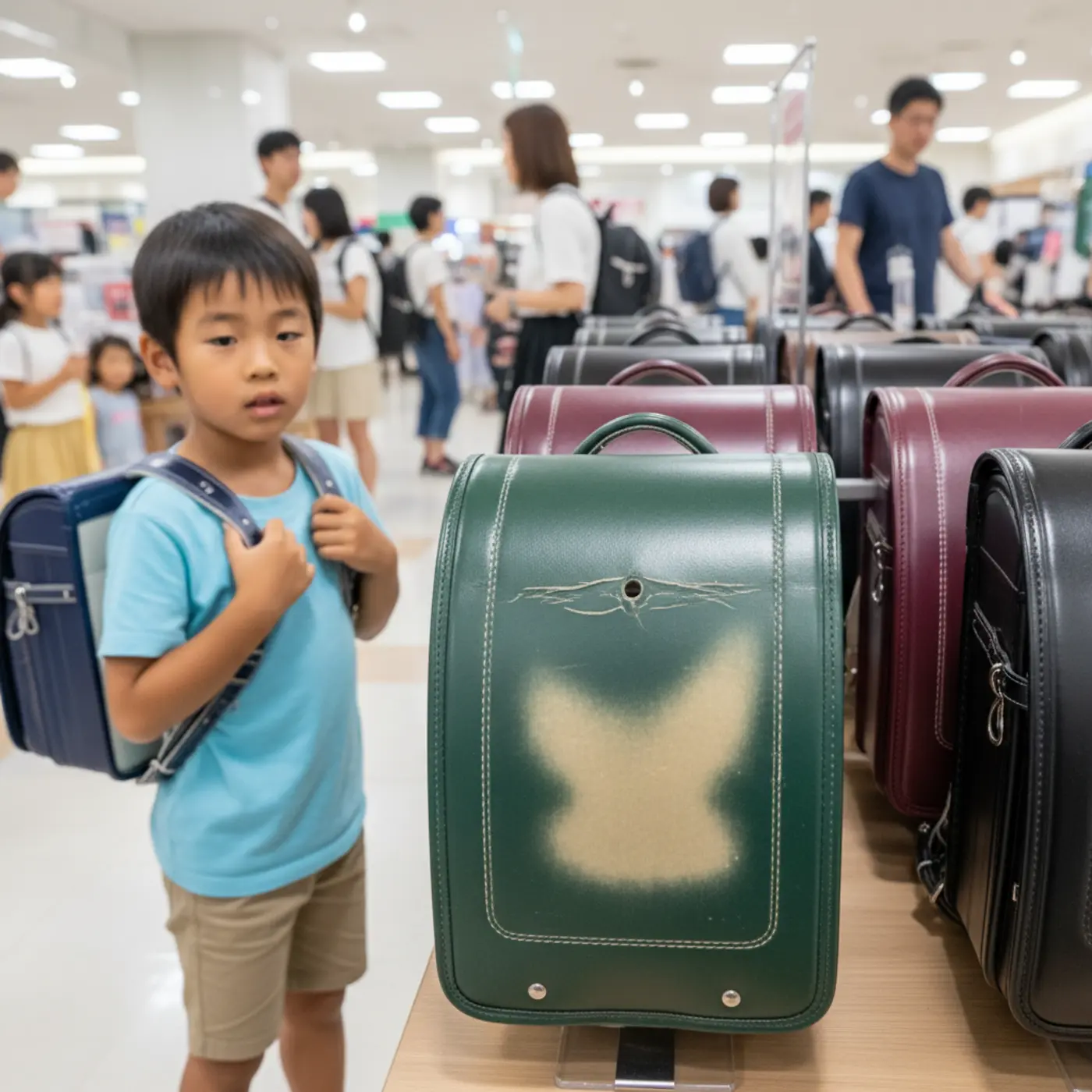 ランドセルの展示品に見られる隠れた劣化のイメージ画像。多くの子供に試着されたことで、ベルトの穴の広がりや背当ての汗染みなど、目に見えないダメージが蓄積している状態を示している。