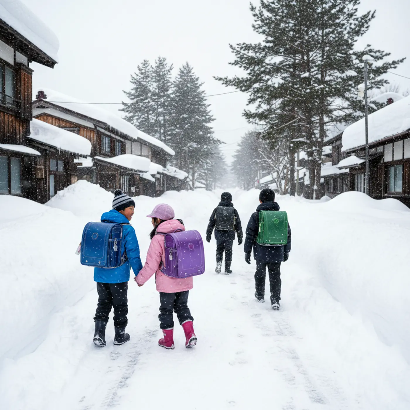 雪が積もる北海道の通学路で、子供の安全を守るためランドセルではなくリュックが選ばれる様子。雪国の過酷な気候がランドセルを使わない理由の一つです。