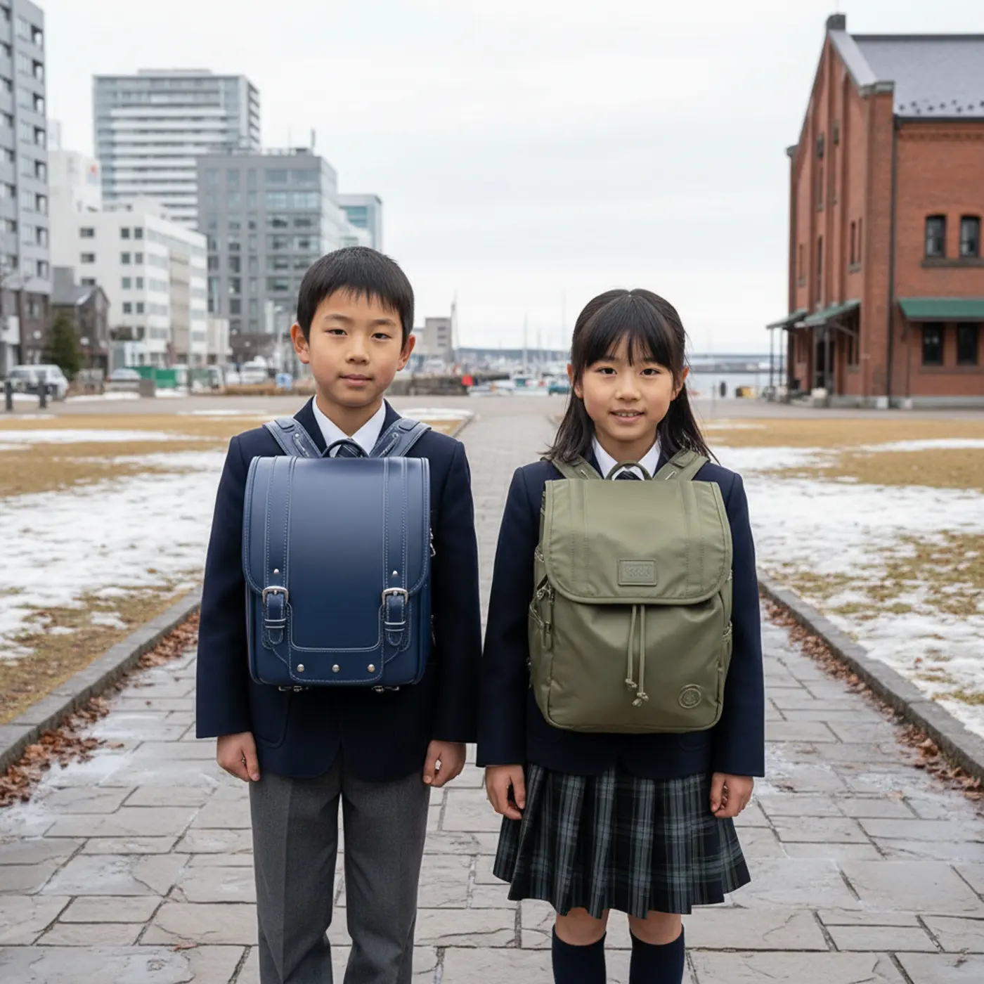 北海道の小学生が使う通学カバンの地域差を解説する画像。札幌で一般的な革のランドセルと、小樽で主流のナイロン製ナップランドが並んでいる様子。