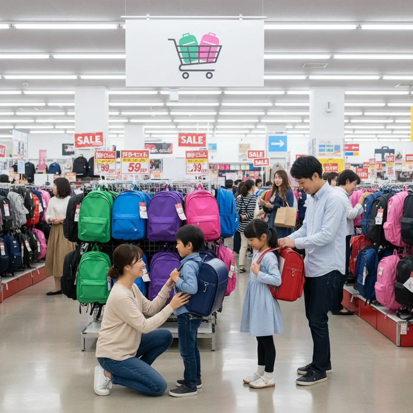 セール価格で販売されている赤や青など色とりどりのランドセル。アウトレットや型落ちモデルなど、安いランドセルをお得に購入する方法を解説する画像。