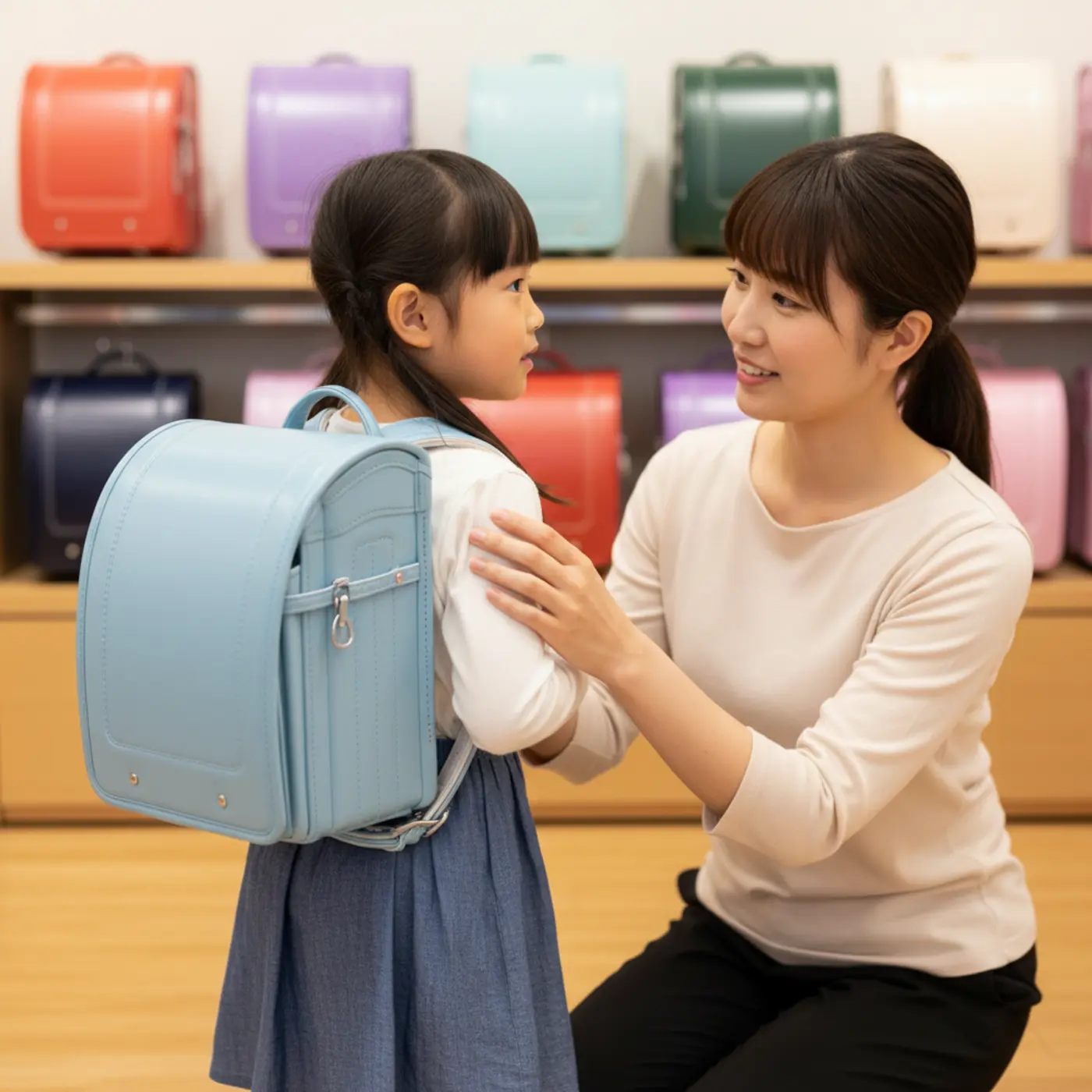 子どもの身体に合うランドセルの選び方を説明する画像。実際にランドセルを背負い、背中との間に隙間がないかフィッティングを確認している様子。
