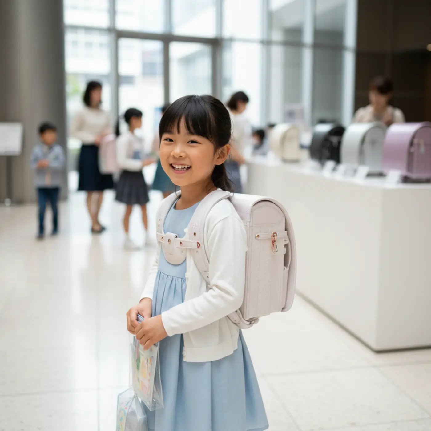 上品な色味の白いランドセルの写真。失敗しない選び方として、汚れにくい素材やおしゃれなデザインの重要性を伝えています。