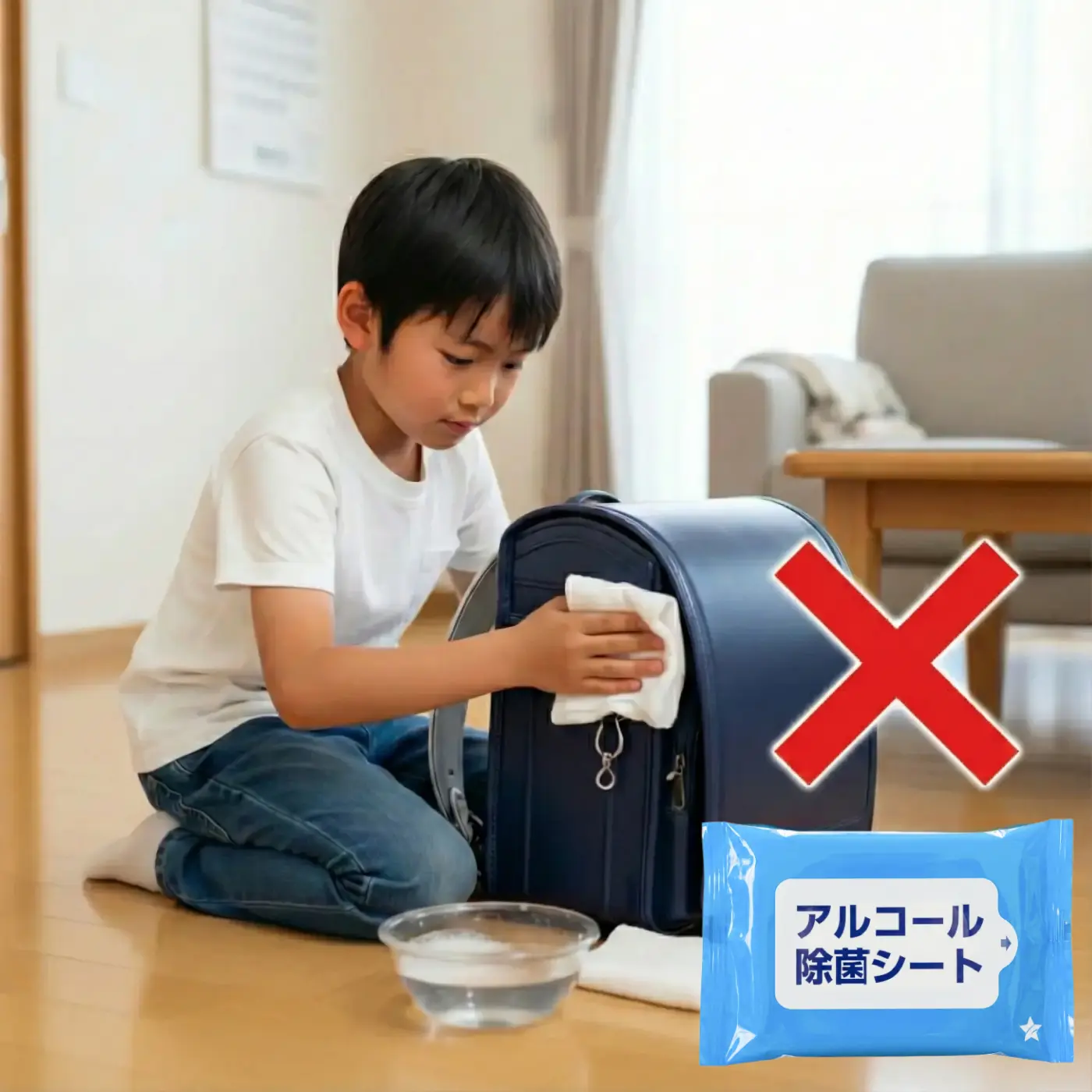 大切なランドセルの正しい汚れ落としの手順。柔らかい布に薄めた中性洗剤を含ませ、優しく拭き取っている。アルコールシートなどのNG行為は、素材を傷めるので注意が必要。