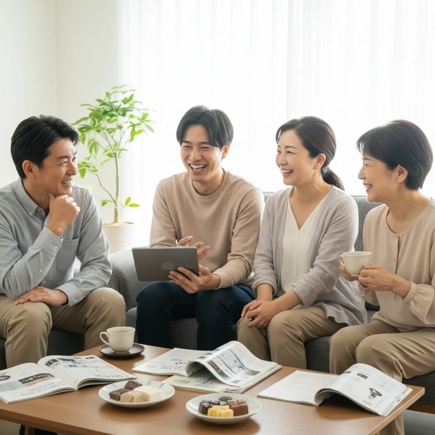 若い夫婦が義実家や実家の両親と、今後の役割分担について笑顔で話し合っている様子。円満な関係を築くための、平和的なコミュニケーションの重要さを示唆している。