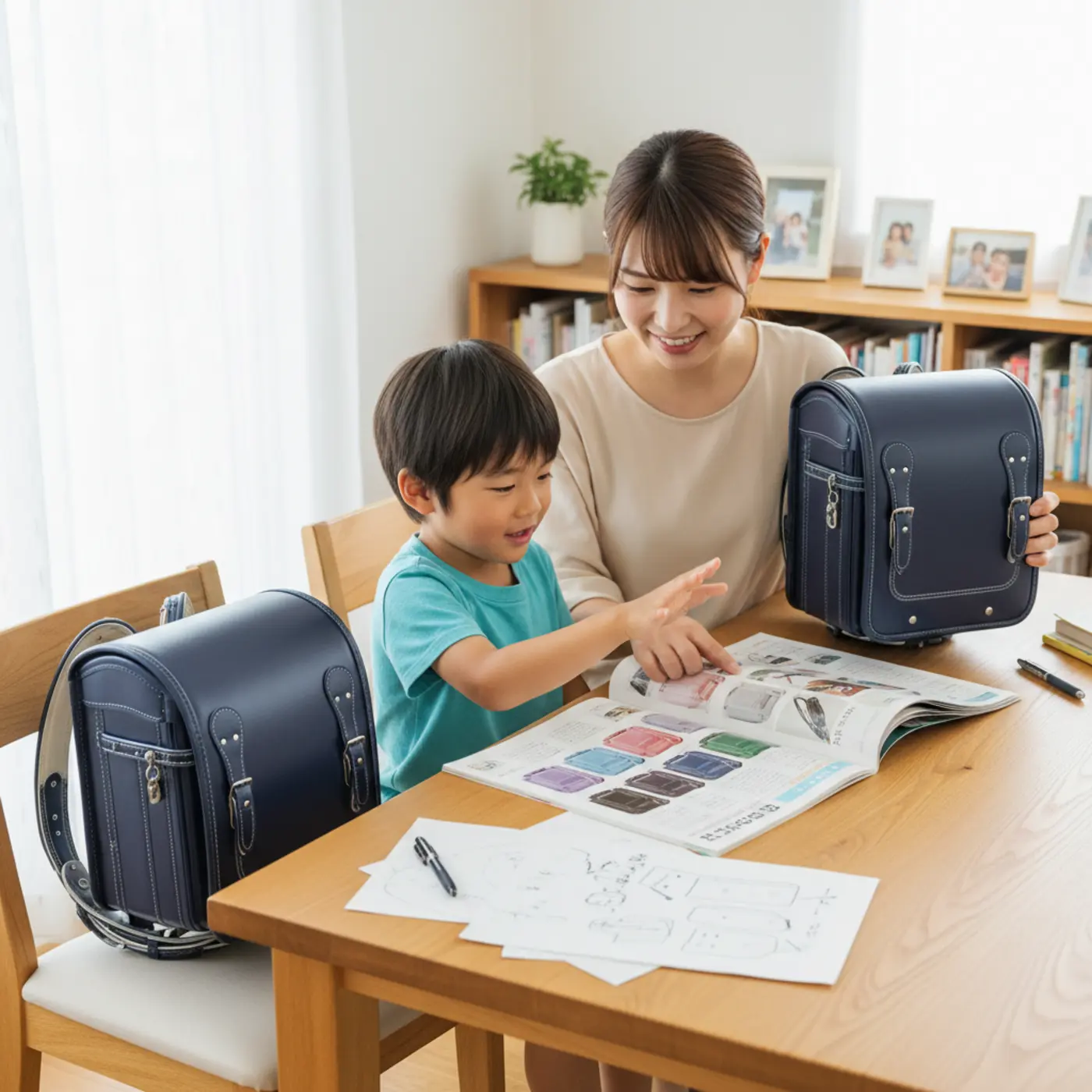 親子でランドセルのカタログを見ながら、本格的なラン活に向けて情報収集。子供が好きな色やデザインについて話し合い、楽しそうに準備を進めている様子。