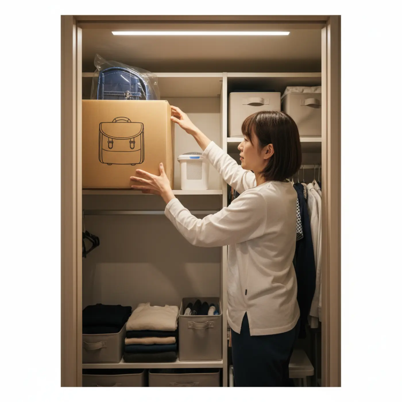 クローゼットの高い位置に箱のまま大切に保管されているランドセル。湿気を防ぐ除湿剤も一緒に置かれ、早期購入した場合の正しいランドセルの保管方法がわかるイメージ画像。