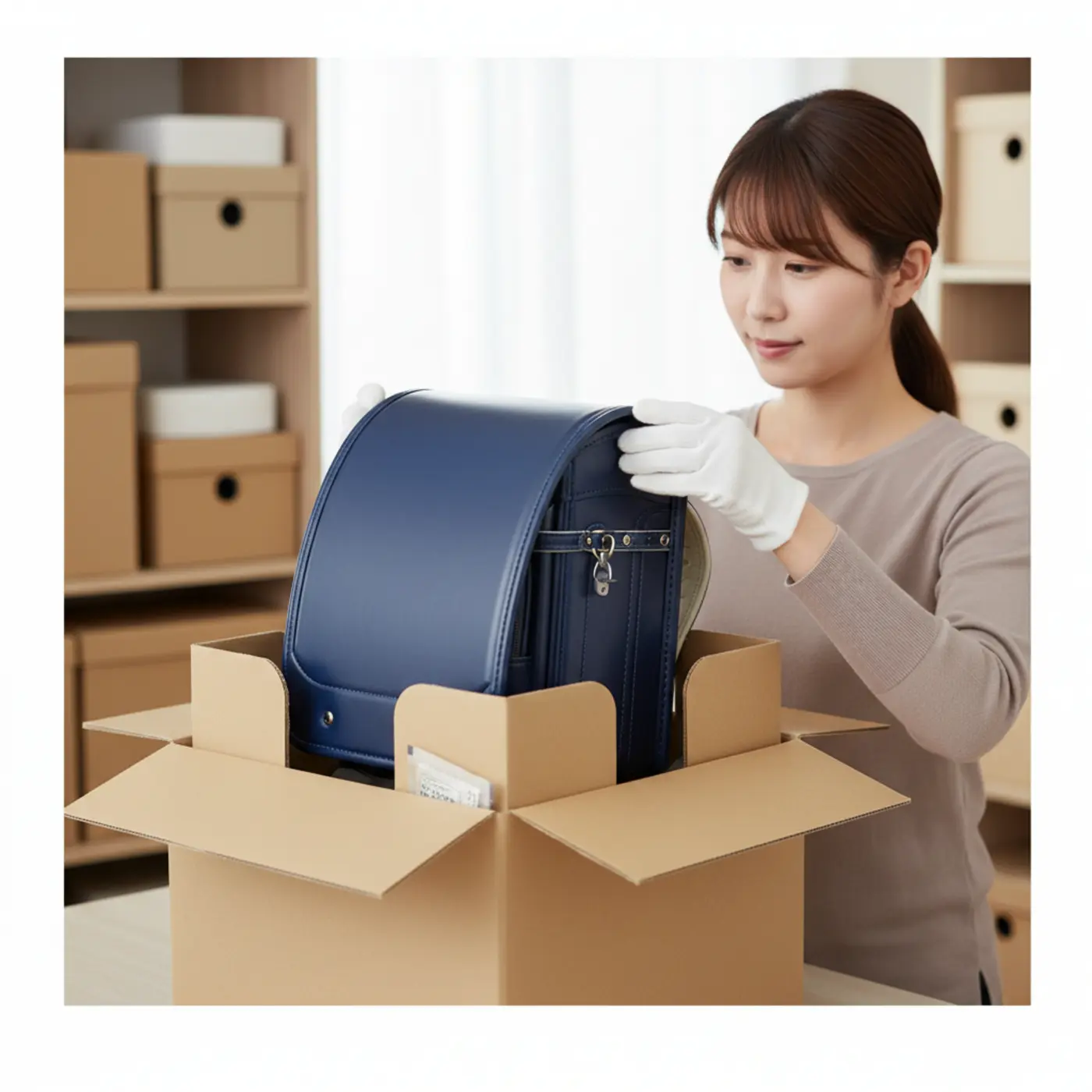 入学前のランドセルを劣化させないための正しい保管方法。メーカー推奨の方法で箱に入れ、革のひび割れやカビ、型崩れを防いでいる様子。