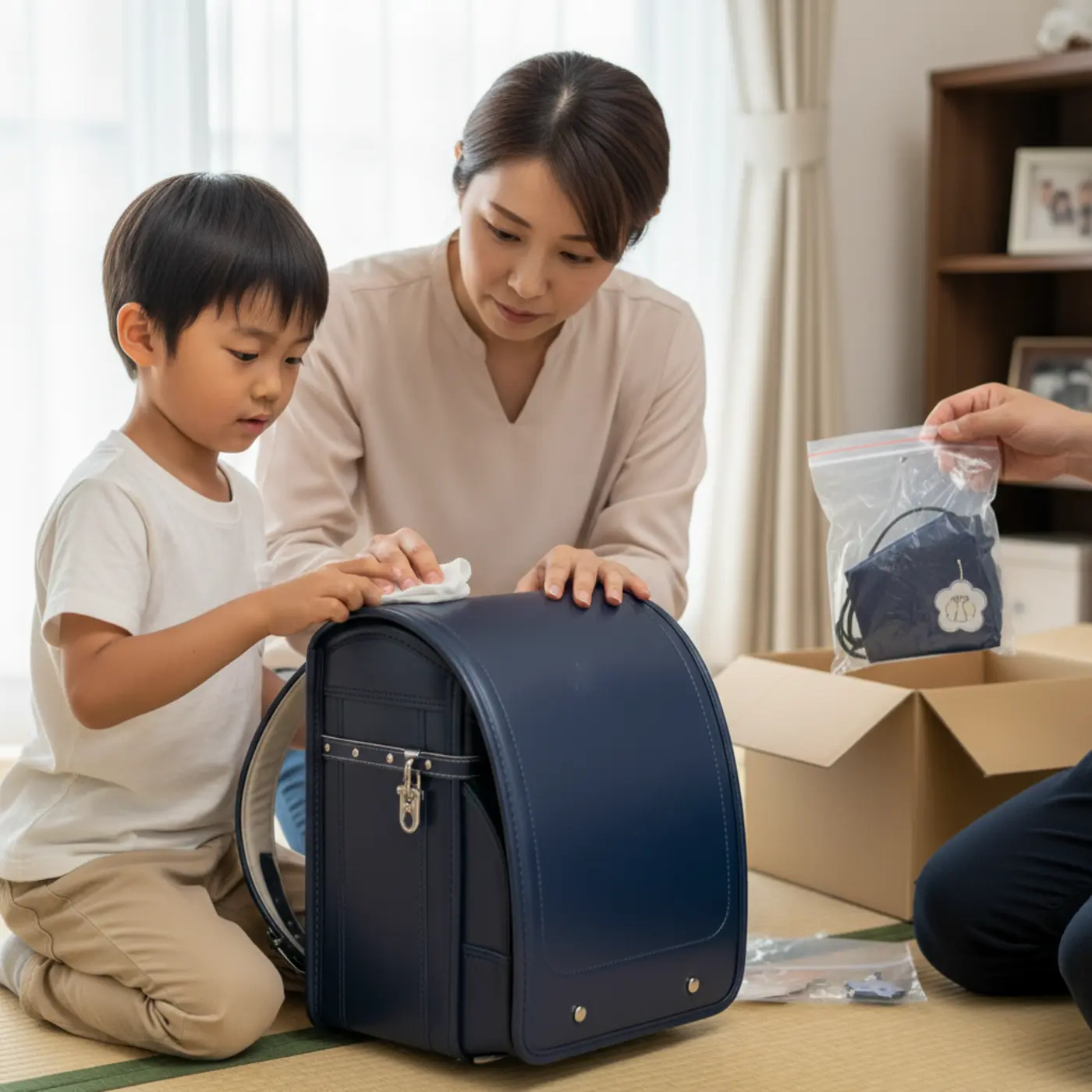 商品到着後1週間以内に行うべき初期不良のチェックリスト。ランドセルのカブセのキズや汚れ、ロックの動作、付属品の有無などを細かく確認している様子。