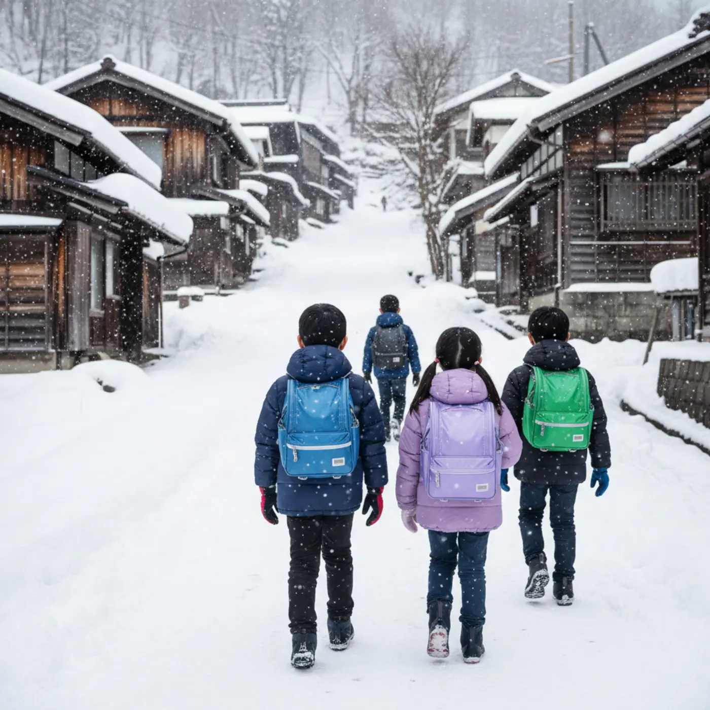 北海道小樽市のナップランドや京都のランリックなど、ランドセル以外の通学カバンを使う小学生。雪道や坂道が多い地域では、軽量なナイロン製リュックが長年愛用されています。