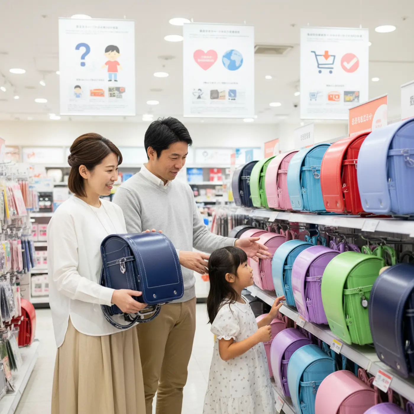 ランドセルの購入や選び方に関するよくある質問（Q&A）を解説する画像。誰が買うか、ランドセル症候群、寄付の方法、ネット通販での失敗しないコツなど、親の疑問に答えます。