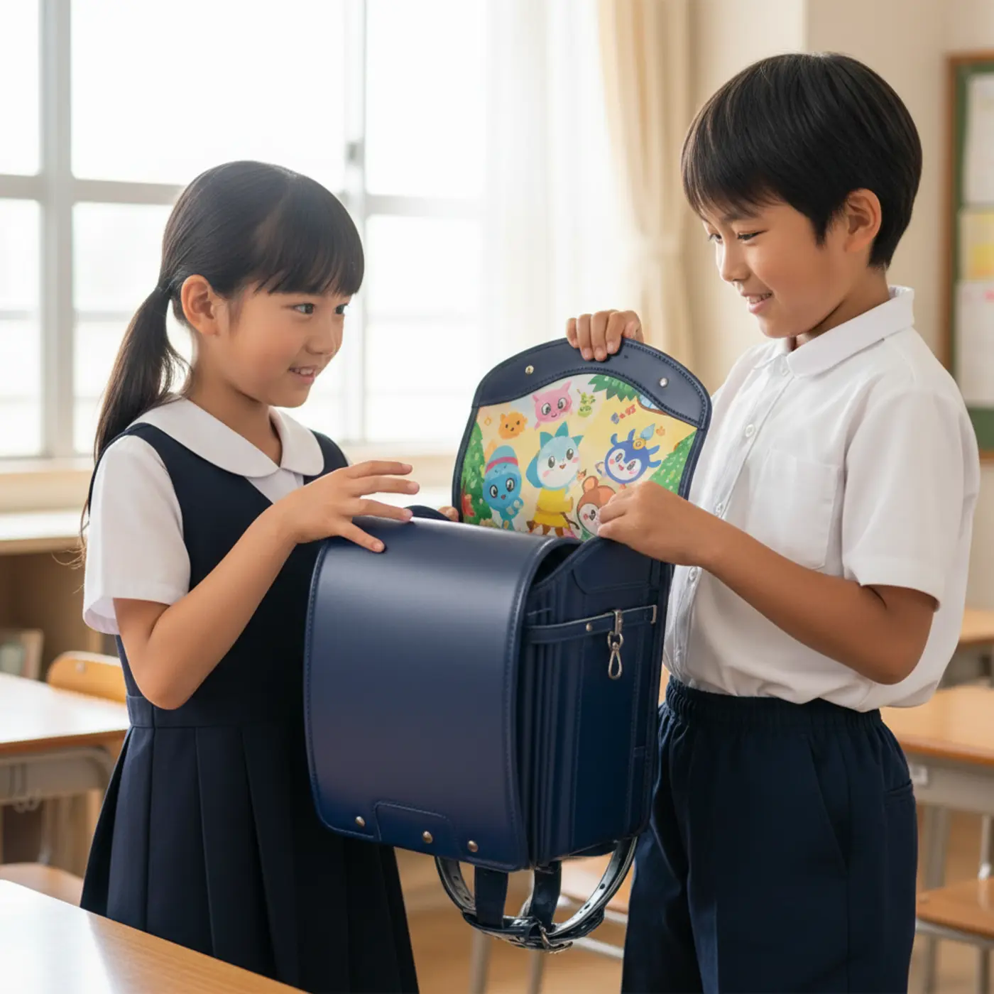 キャラクターのランドセルを欲しがる子供。外側はシンプルで、蓋の裏側にキャラクターがデザインされているため、6年間飽きずに使え、開けるたびに好きなキャラクターに会えるので子供の満足度も高いです。