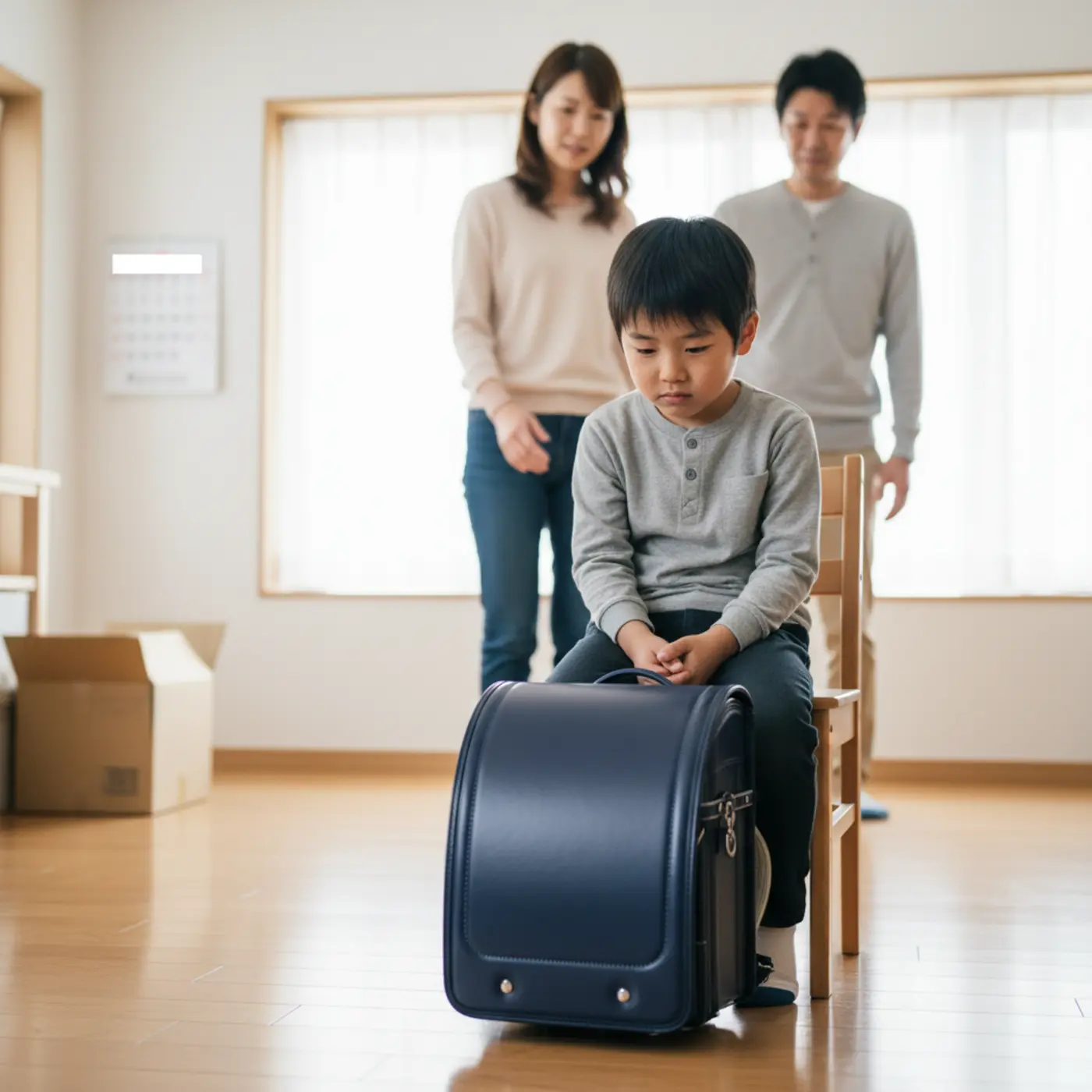 親に選ばれたランドセルを前に、浮かない表情を浮かべる子ども。子どもが「自分で選びたかった」と後悔しないために、ランドセル選びでは本人の意思を尊重することの重要性を示唆する画像です。