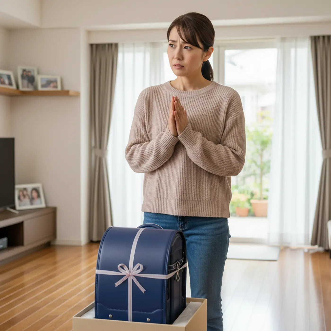 義母から相談なしに贈られたランドセルを前に、今後の関係を考え困惑する母親。円満な親戚付き合いを続けながら、この問題を乗り越えるための平和的な対処法を模索している様子。