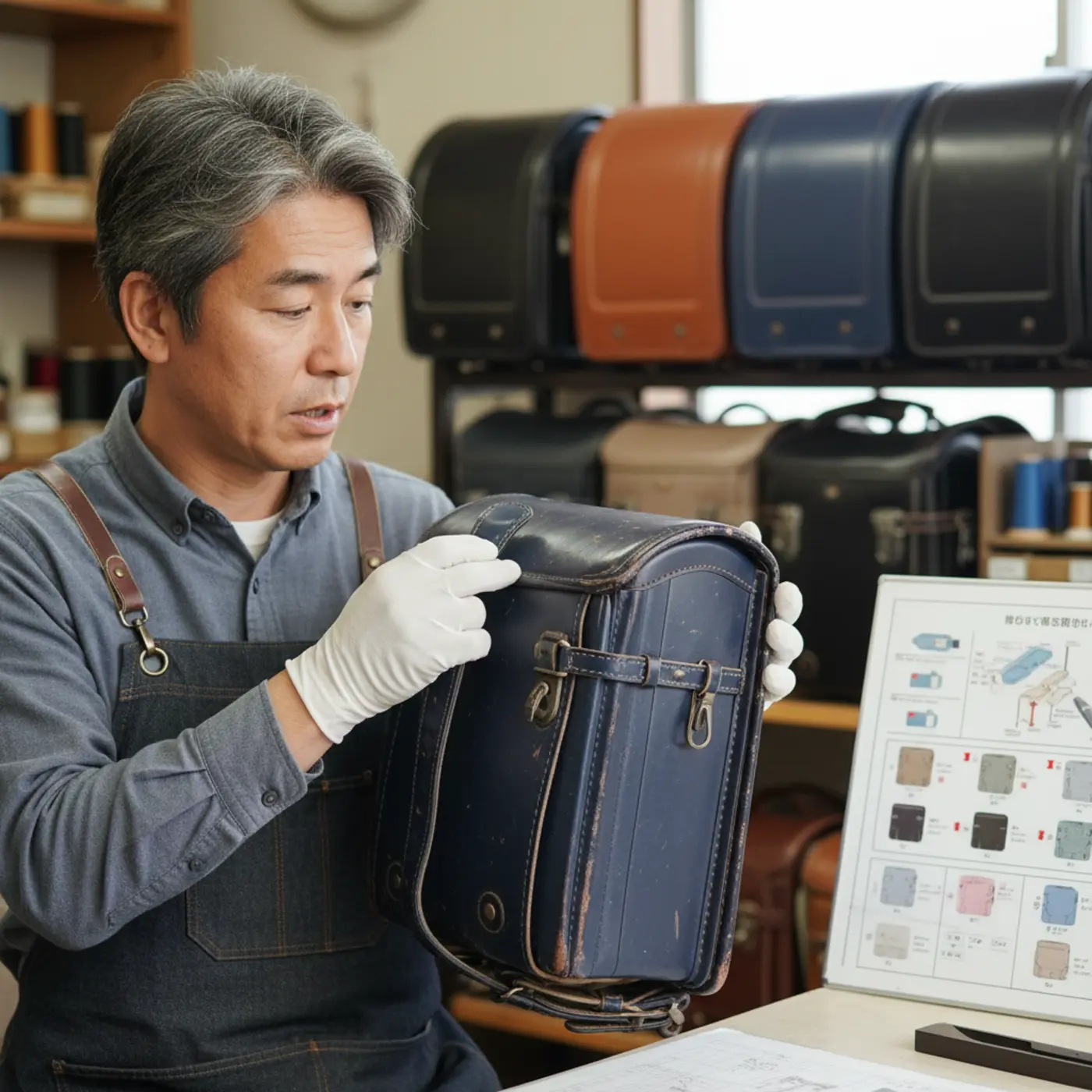 ランドセルの専門家が、型落ちランドセルの劣化具合を念入りにチェックしている。製造からの年数と素材の寿命を考慮し、安全に使用できる許容範囲を解説する場面。