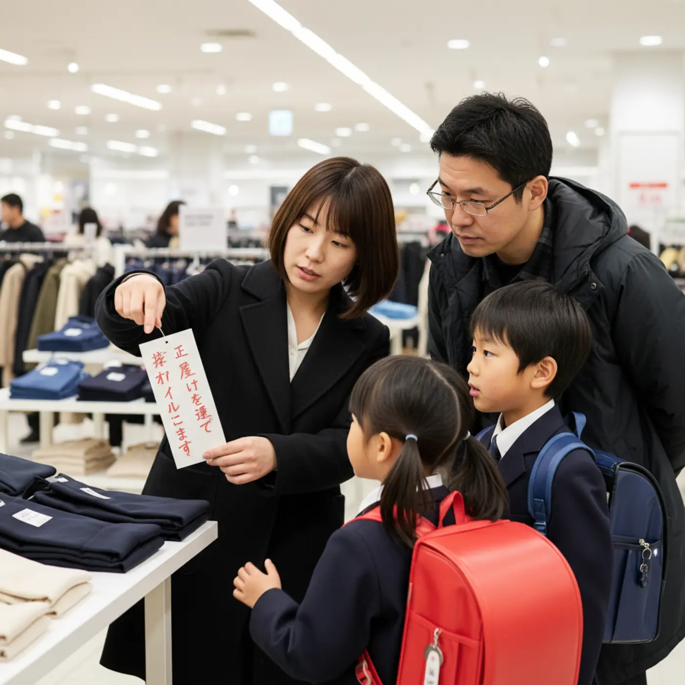 アウトレット品の値札に赤字で記載された注意書き。「お客様都合による返品・交換は不可」という、購入前に家族で確認すべき大切なポリシーが強調されている様子。