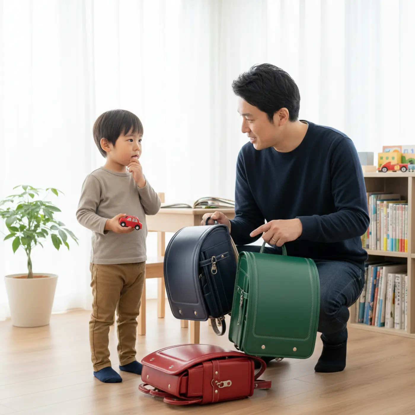 親が子供に選択肢を提示し、納得できるよう誘導している場面のイラスト。子供の意見を尊重しながら意見を通す、教育的な交渉術を表現。