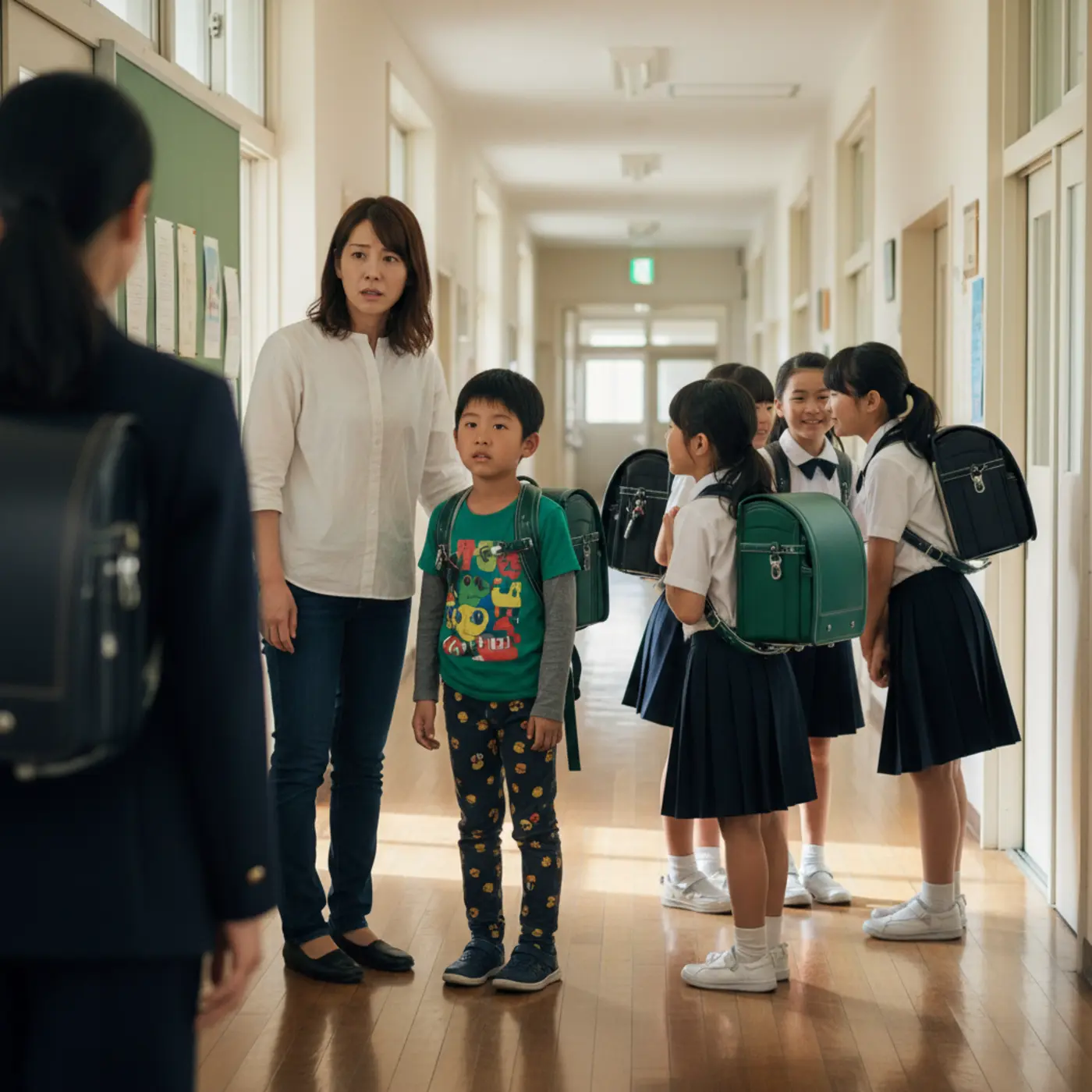 子供がみんなと違うことでいじめられないか、学校のルール違反にならないかと悩む保護者のイメージ。学校生活におけるいじめや校則についての親の心配事を表しています。