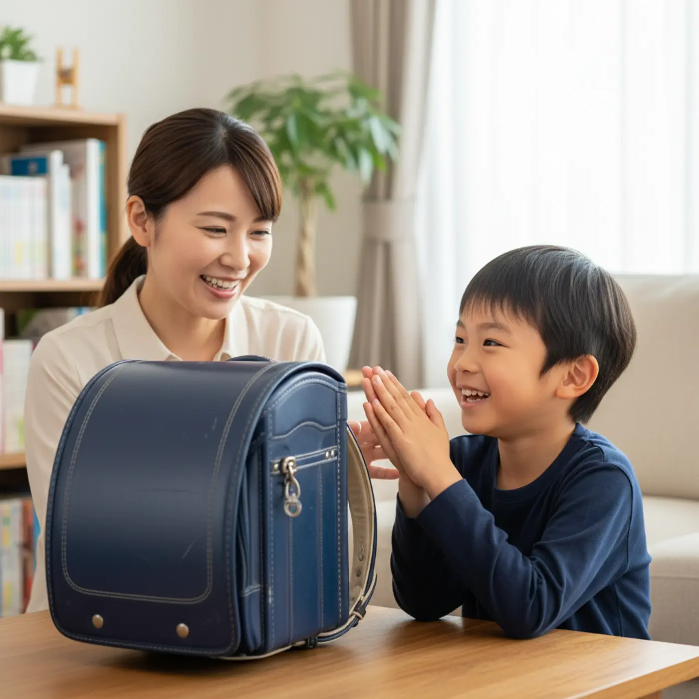 型落ちランドセルでも子供が納得してくれる「魔法の伝え方」を解説するイメージ画像。親子が笑顔で話し合い、子供がランドセルを嬉しそうに眺めている様子。