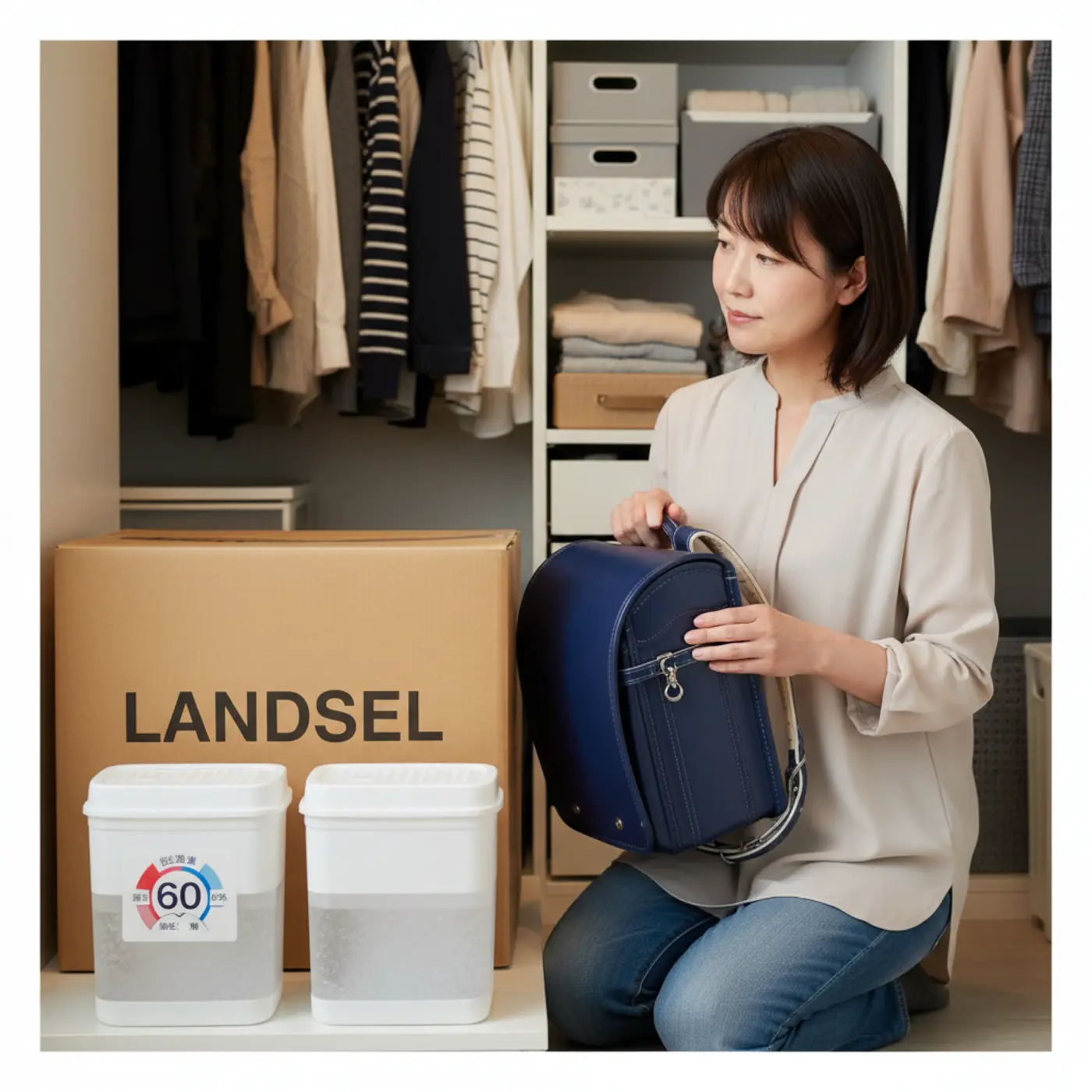 クローゼットに保管されたランドセルの箱と、カビ対策のための置き型除湿剤。湿度60%が分岐点となり、湿気から大切なランドセルを守る方法を示しています。