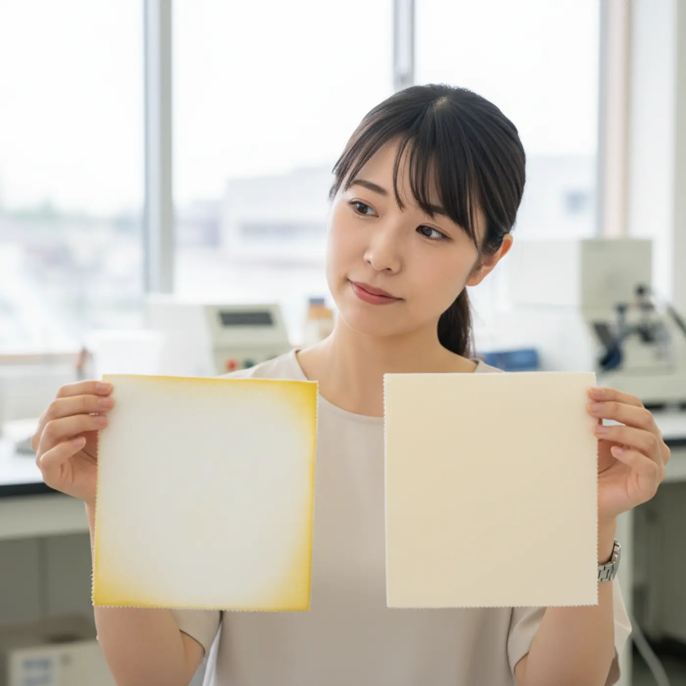 ピュアホワイトとアイボリーの素材を並べ、6年後の経年劣化による黄ばみの違いを比較したシミュレーション画像。純白のほうが変色が目立つことを示している。