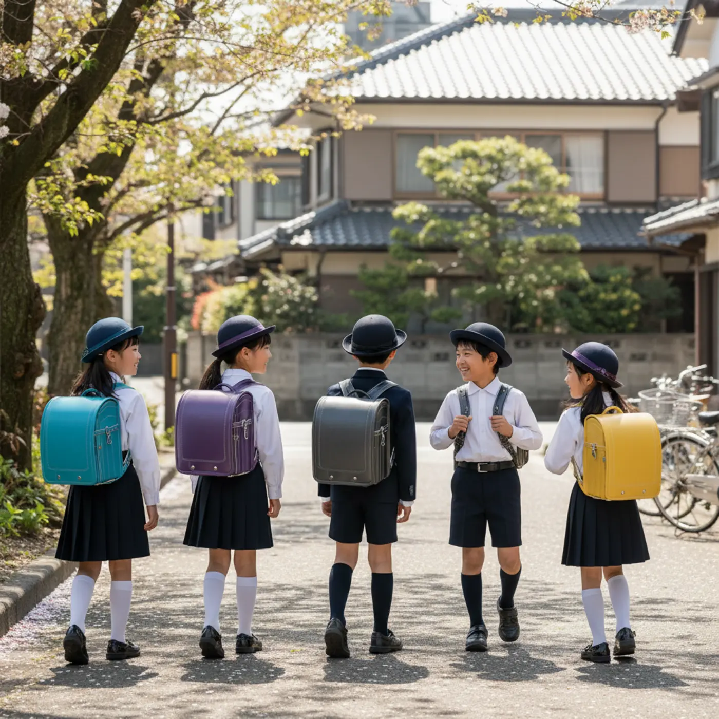 カラフルなランドセルを背負った小学生の男女が登校する様子。赤や黒という固定観念にとらわれず、水色や紫など様々な色のランドセルで子供たちが個性を表現している。