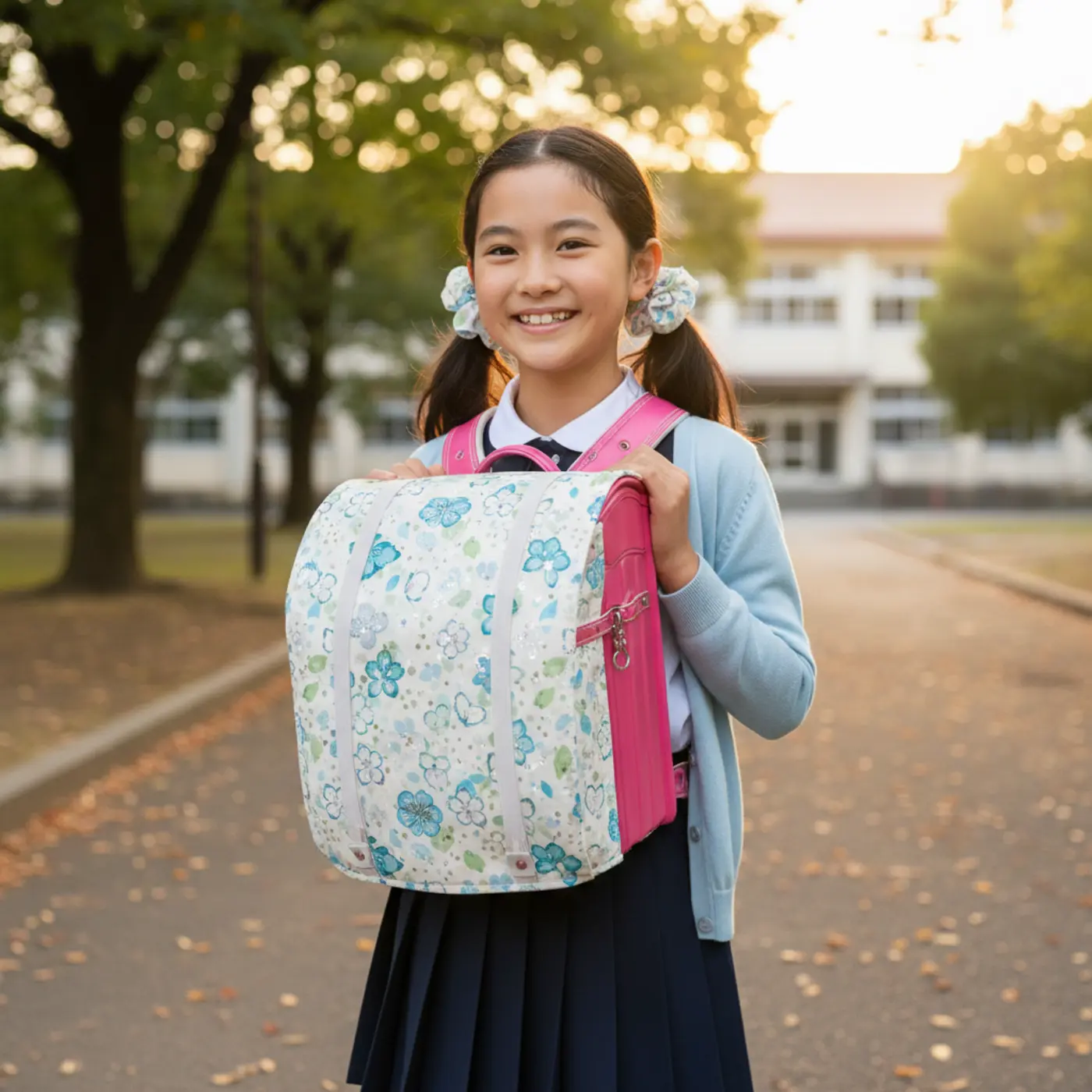 ランドセルの色が嫌になった時の解決策。フルカバータイプのランドセルカバーを装着し、元の色を隠してカスタマイズした様子。これなら高学年まで飽きずに使えます。