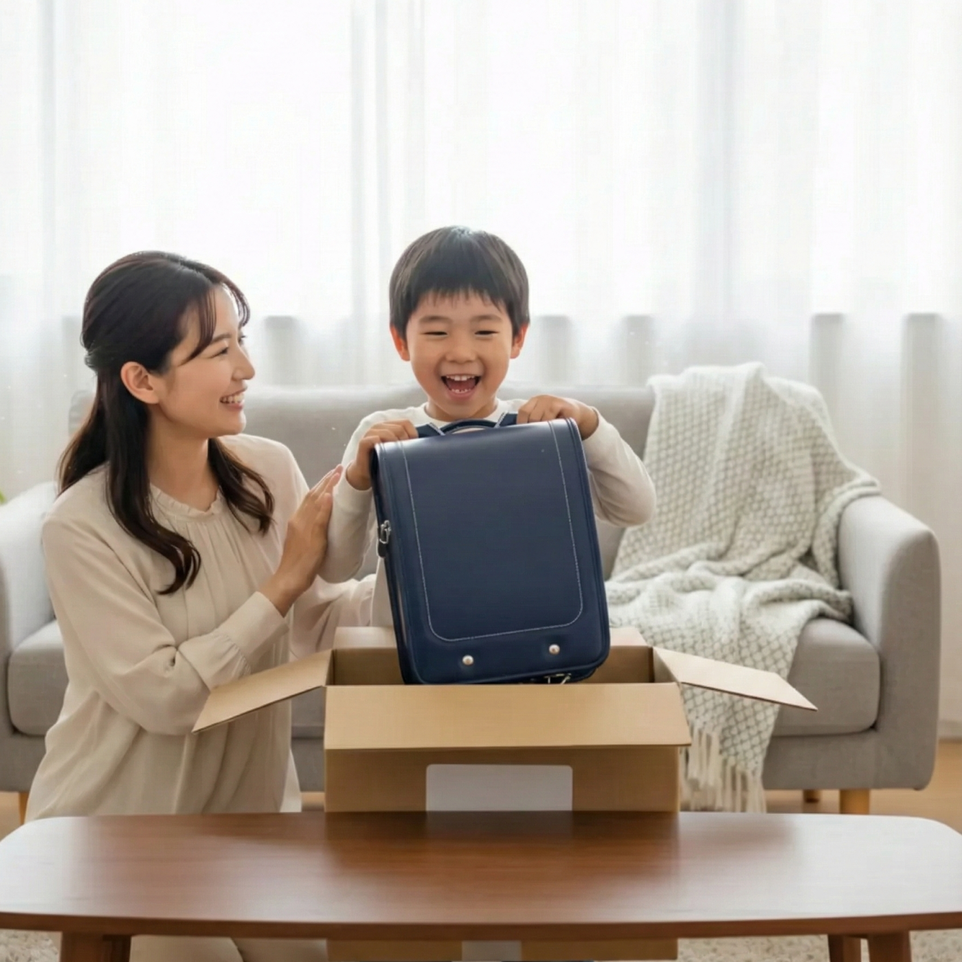 リビングに置かれた新品のランドセルの箱。ランドセルの早期購入を後悔する必要はありません。むしろ賢い選択である3つのメリットを詳しく解説します。
