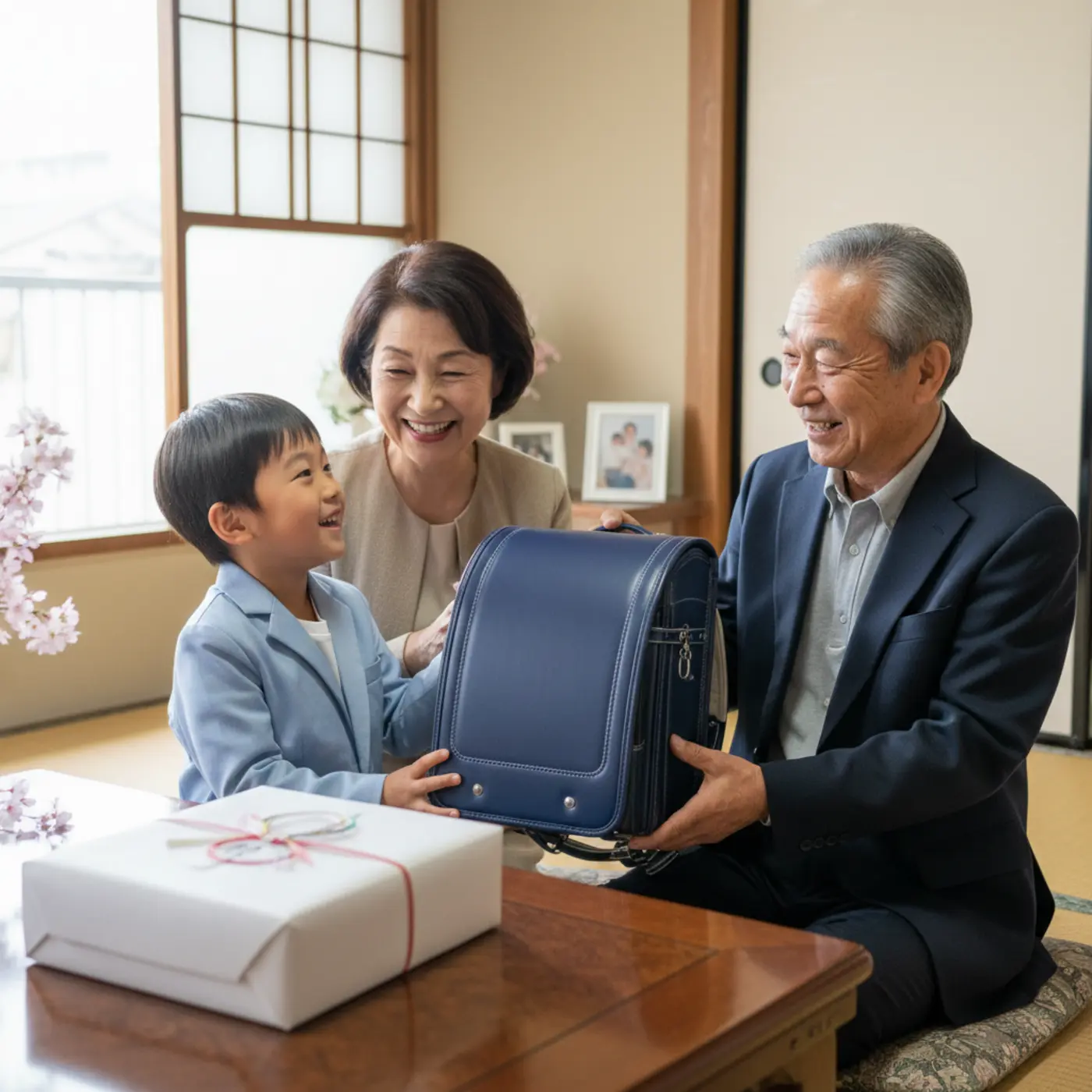 祖父母が孫に笑顔でランドセルを贈っている入学祝いのシーン。日本の贈答文化の象徴であり、高価でも選ばれる経済的・儀礼的な側面を持つランドセルの意味合いを表現。