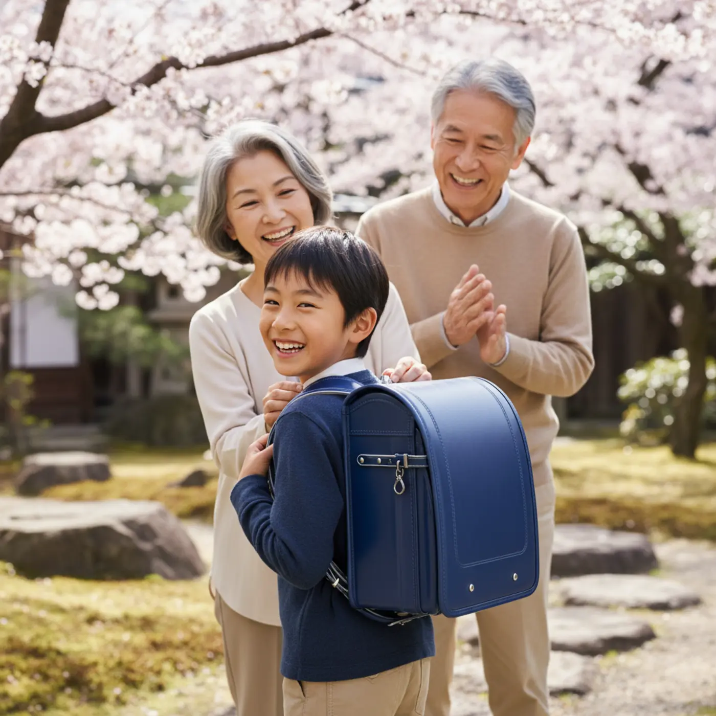 祖父母にランドセルを買ってもらう際のマナーと、内祝いなどお返しの常識を解説する記事のイメージ画像。孫が笑顔でランドセルを背負っている。