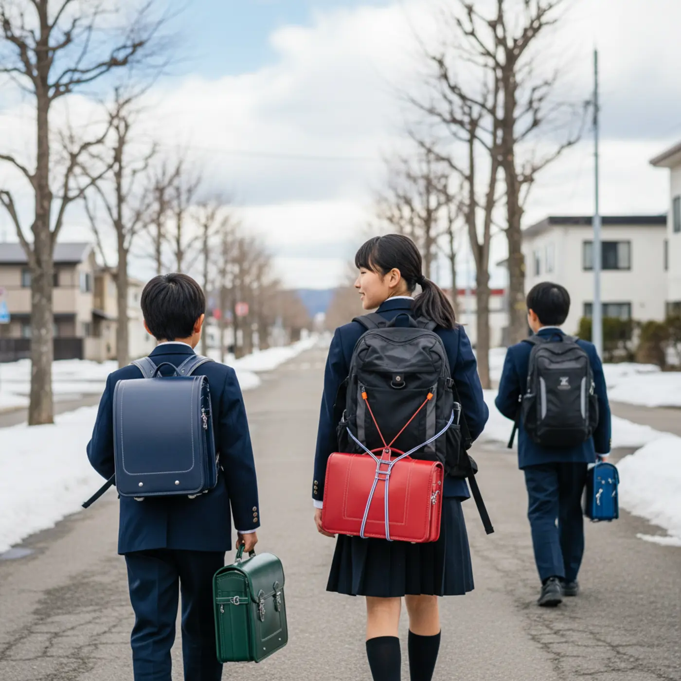 北海道の小学生は、高学年になるとランドセルを使わなくなる子が増えます。札幌などの都市部で見られる、ランドセルからリュックなどへ切り替える独自の習慣を説明するための画像。