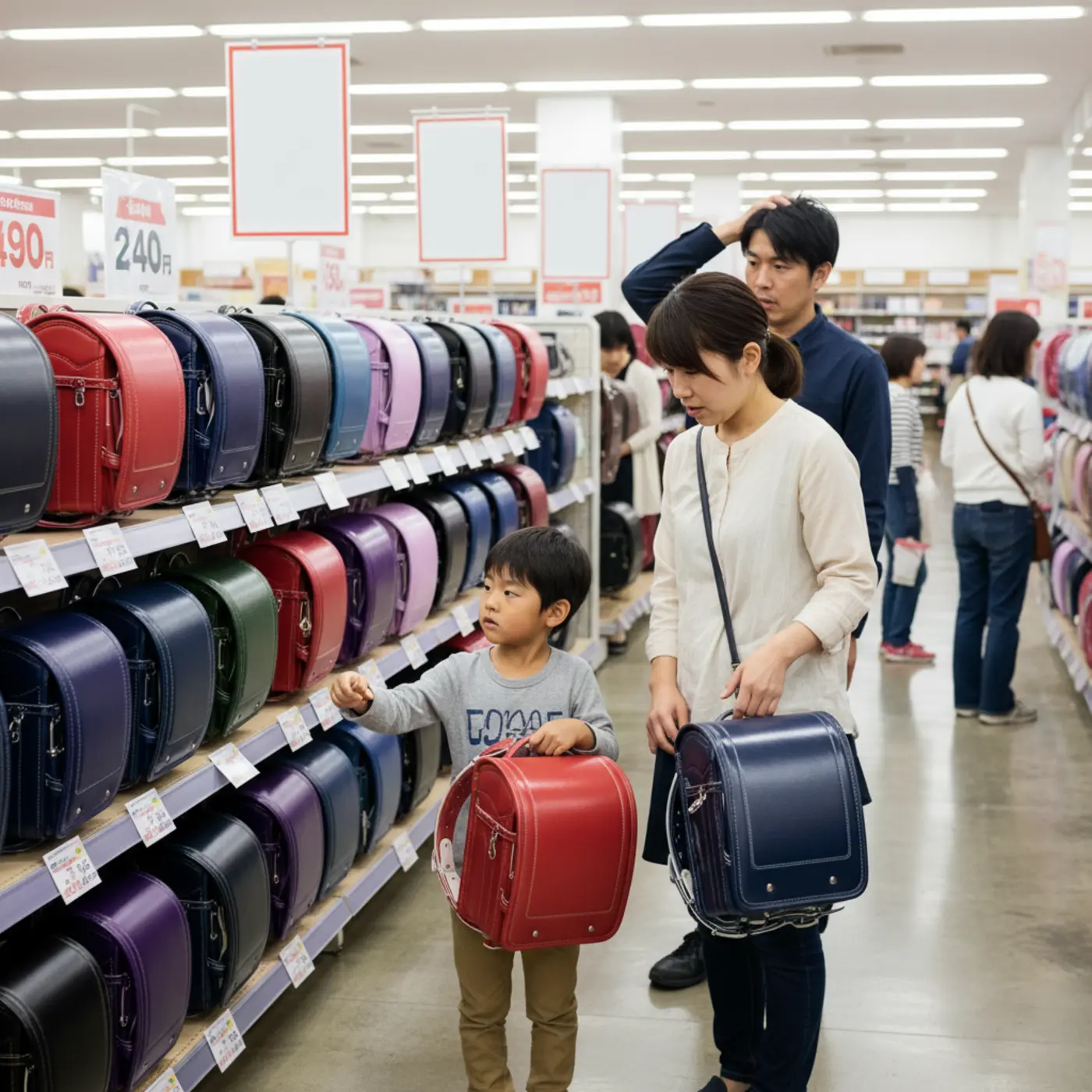 アウトレットでランドセルを購入して後悔するパターンを解説する画像。ランドセル売り場で悩む親子のイラストで、型落ちモデルを選ぶ際の注意点や失敗談を紹介しています。