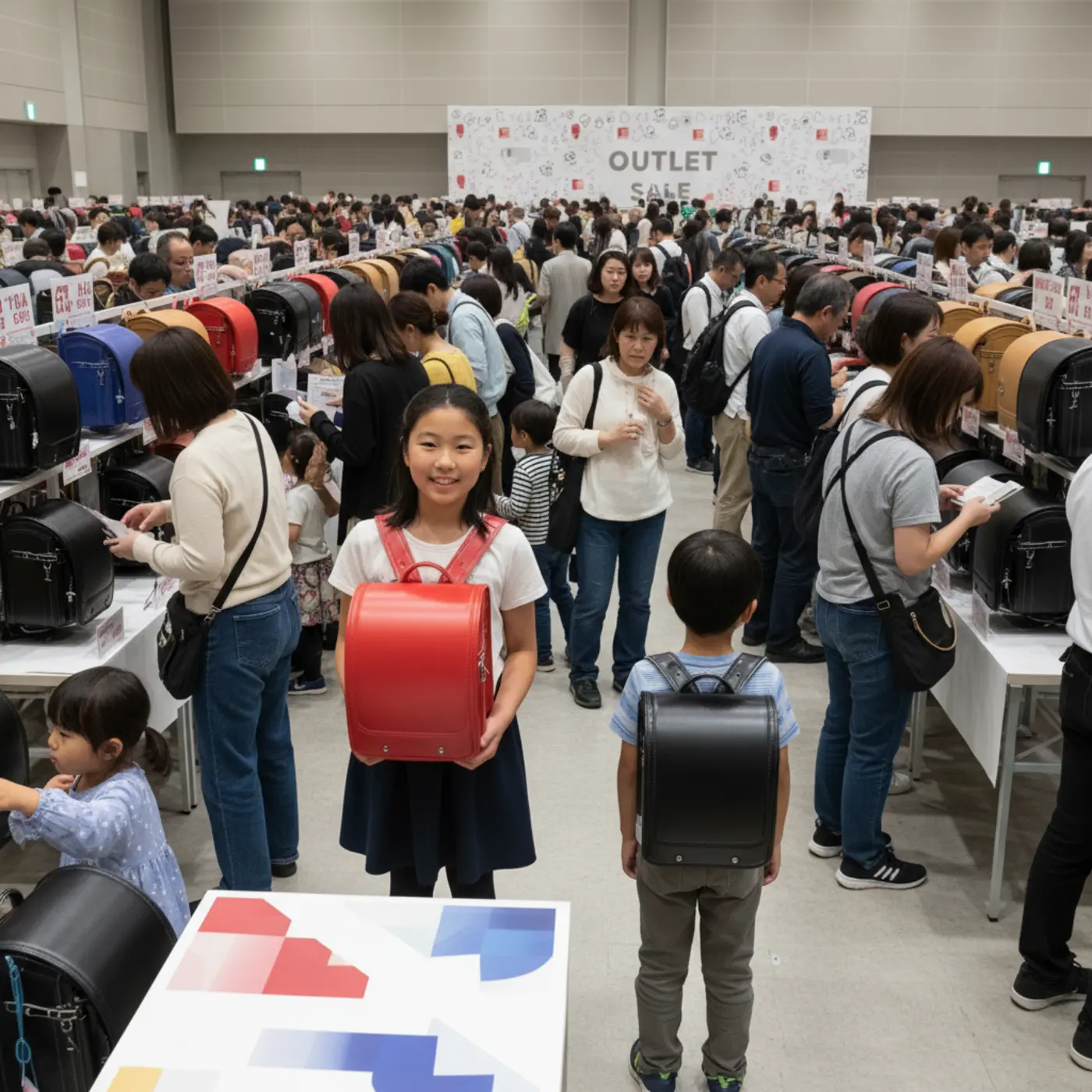 大手メーカーの公式アウトレットセールで販売されるランドセル。黒、赤、キャメルといった人気色は争奪戦になりやすく、8月下旬から販売開始後すぐに完売する可能性もあります。