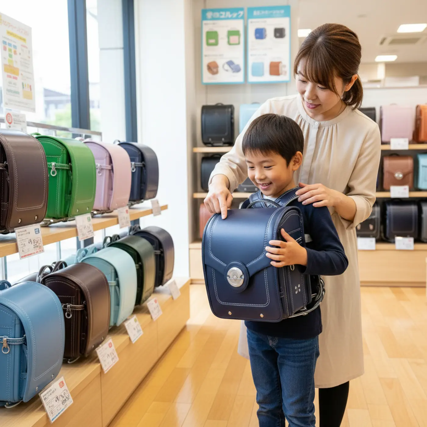 店舗で子供にランドセルを試着させ、機能性の高さを説明する母親。背負い心地やオートロック金具などの便利な機能をアピールし、子供の興味をデザインから機能へと誘導している様子。