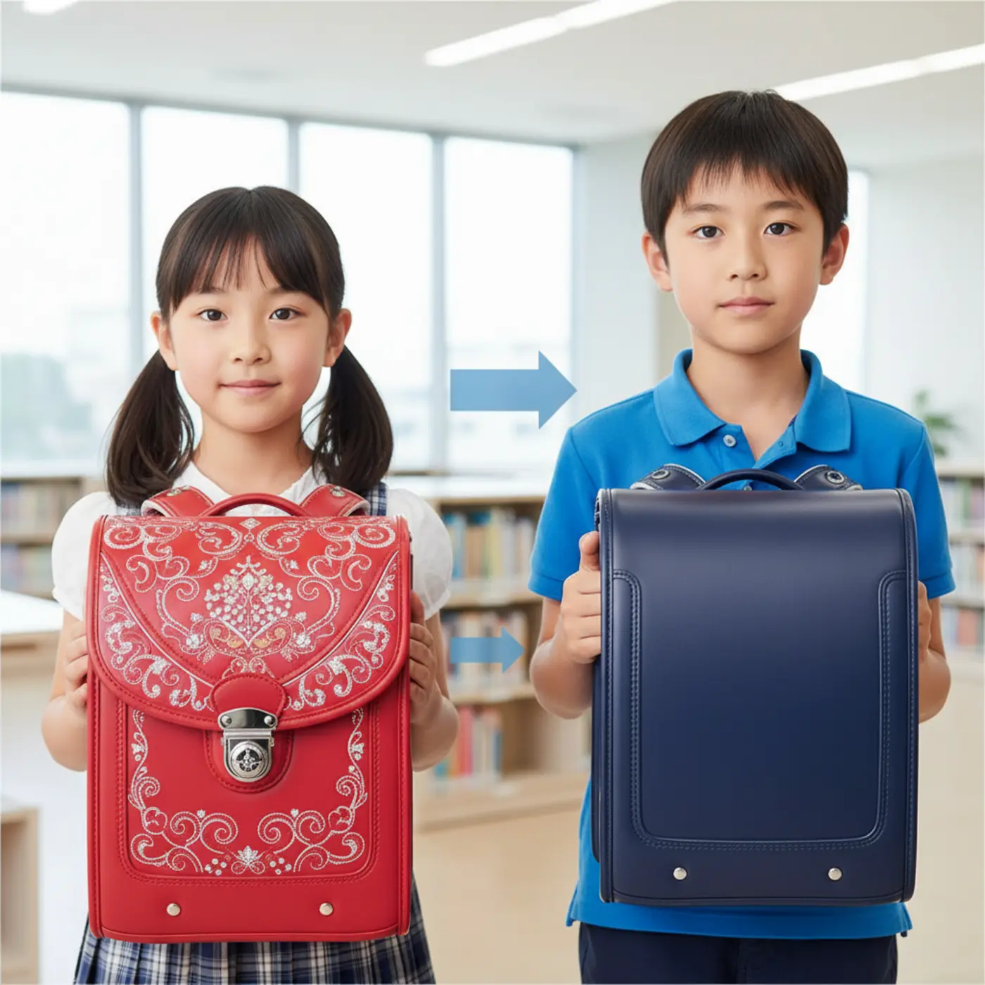 ランドセルの価格差の要因を解説する画像。豪華な刺繍入りランドセルとシンプルなモデルを並べ、自動ロックなどの機能やデザインによる価格の違いを示している。