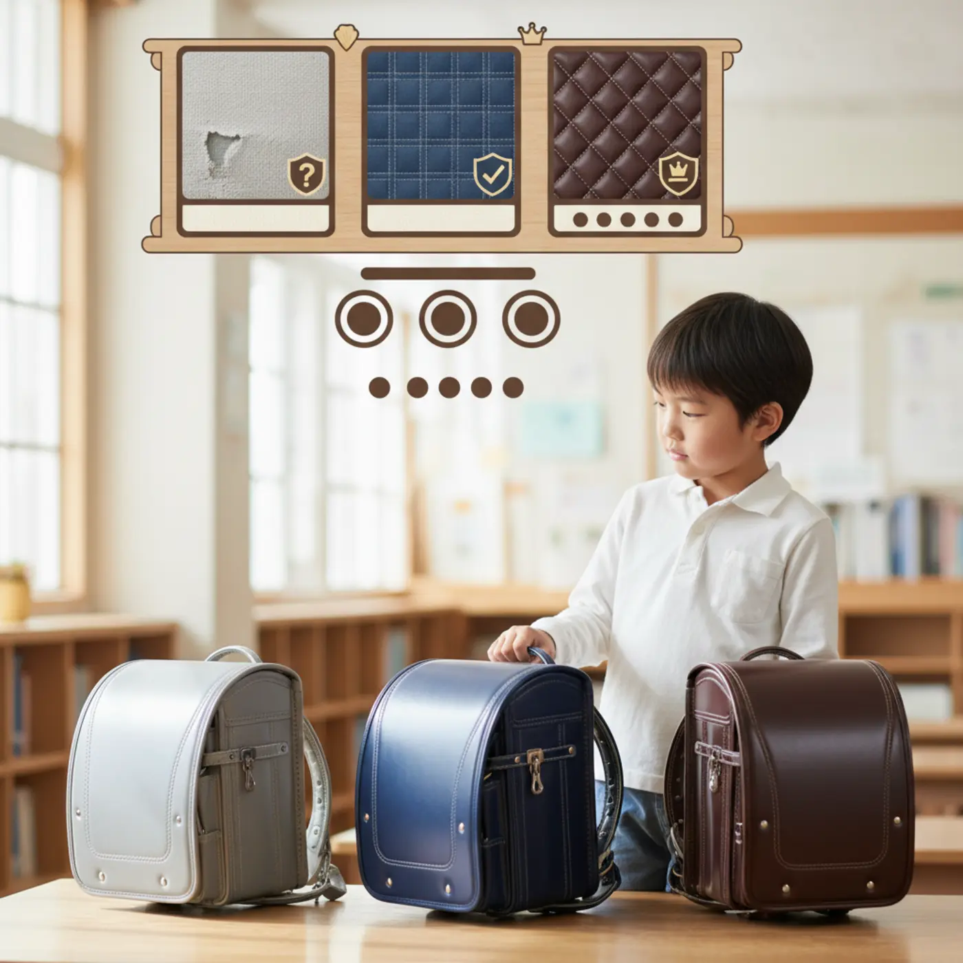 ランドセルの価格帯による機能とリスクをまとめた比較表。1万円台、3〜5万円、6万円以上の3つの価格帯で、耐久性や素材、6年保証、おすすめ度を比較し、選ぶ際の注意点を解説しています。