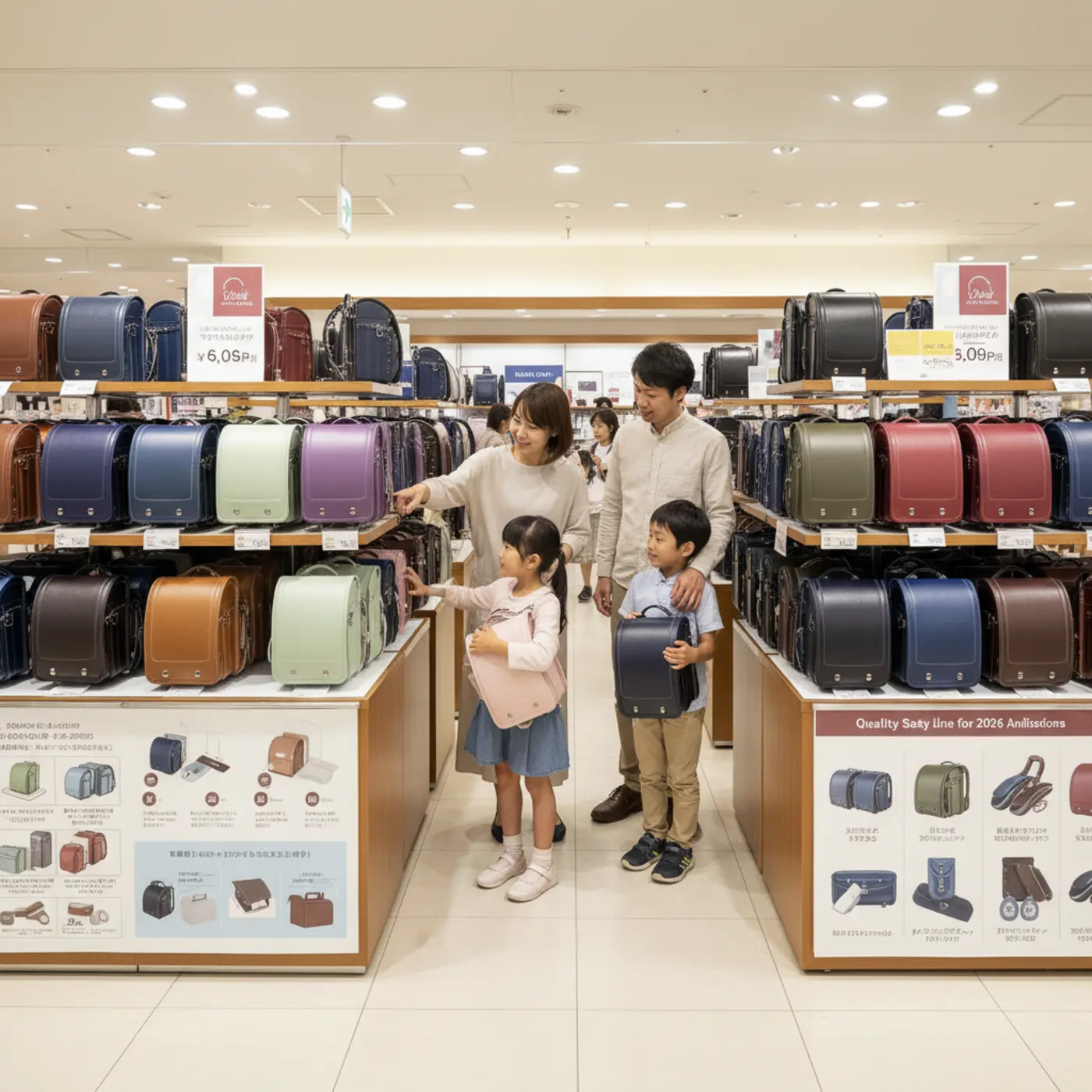 価格帯ごとに様々なランドセルが並んでいる画像。2026年度入学向けに、安いランドセルの理由と、品質を見極めるための安全ラインについて解説しています。