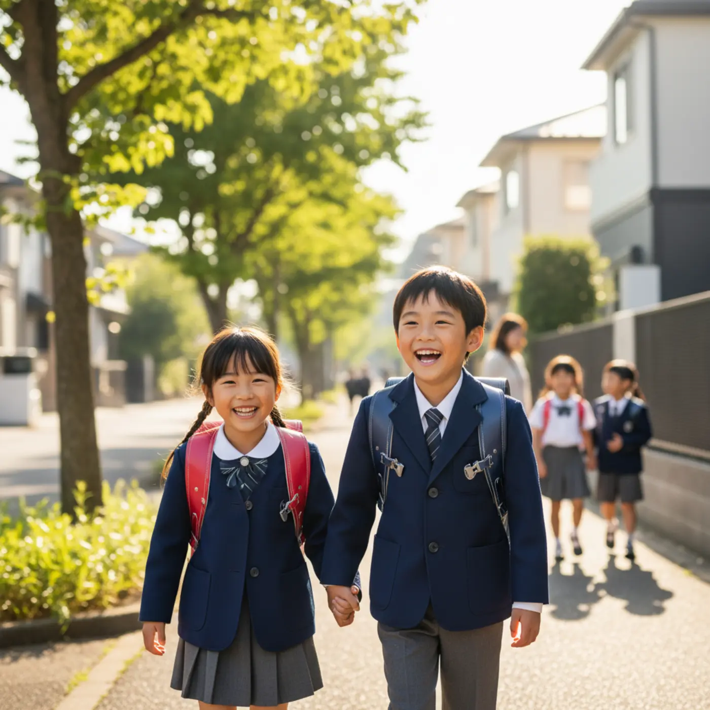 ランドセル購入時に利用できる補助金制度のイメージ画像。新しいランドセルを背負った小学生が笑顔で通学している。就学援助制度を賢く活用して、家計の負担を軽減する方法を解説します。