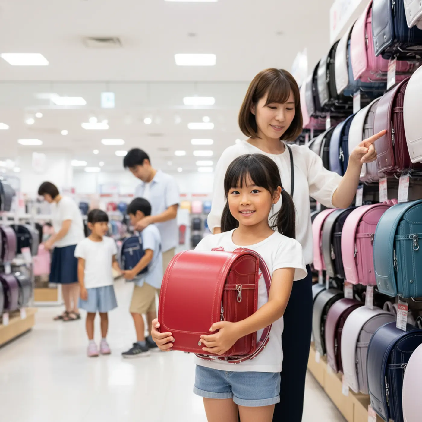 白いクマのキャラクターが、ランドセル選び（ラン活）でよくある購入時期の失敗談について解説しているイラスト。後悔しないための対策や、思わぬ落とし穴を避けるためのポイントを紹介している。