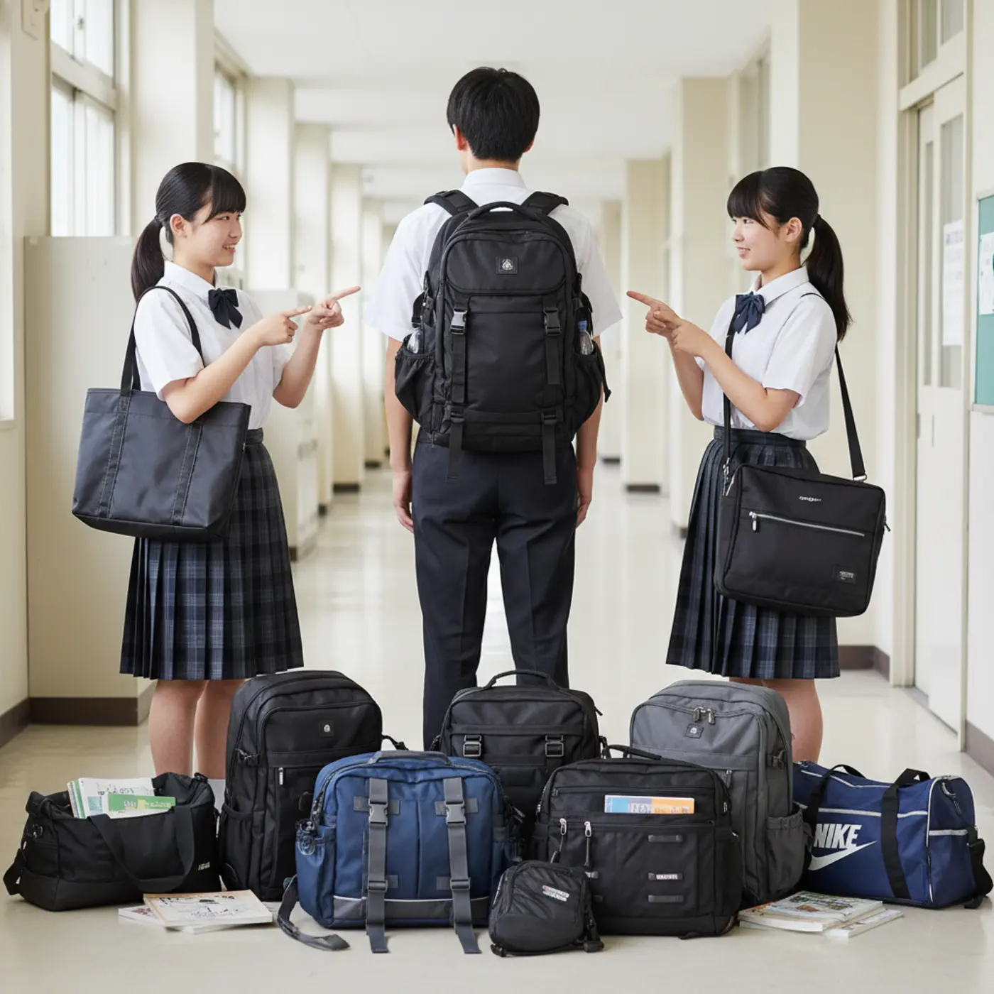 ランドセル以外の通学カバンの選択肢を比較する画像。リュックや3wayバッグなど、様々なカバンが並び、それぞれの機能やデザインを紹介。