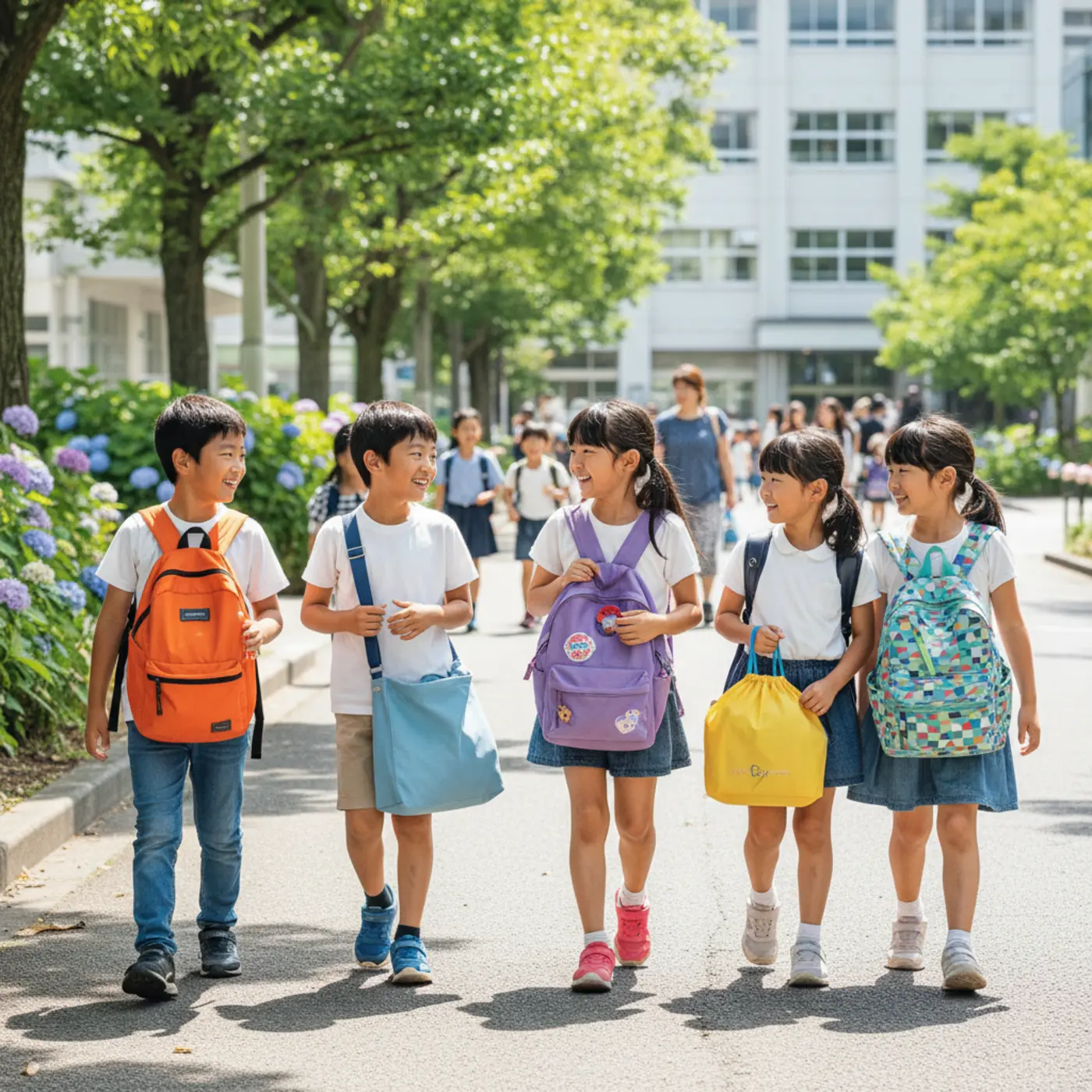 文部科学省がランドセルを義務付けていないことを示す画像。カラフルなリュックサックなど、様々な通学カバンを背負って登校する小学生たち。