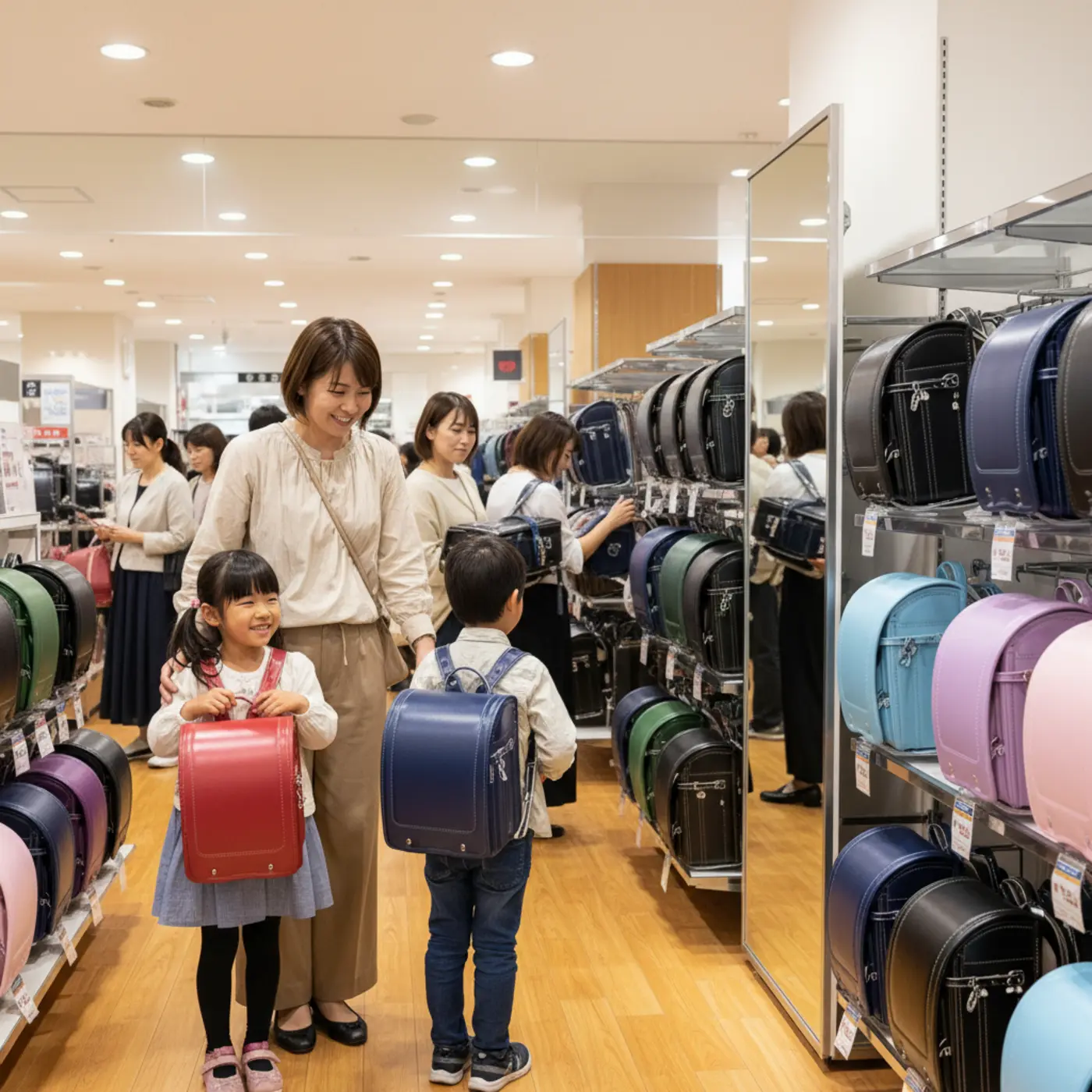 札幌や福岡にある百貨店のランドセル販売店で、親子が楽しそうにランドセルを選んでいる様子。様々なブランドを比較できる。